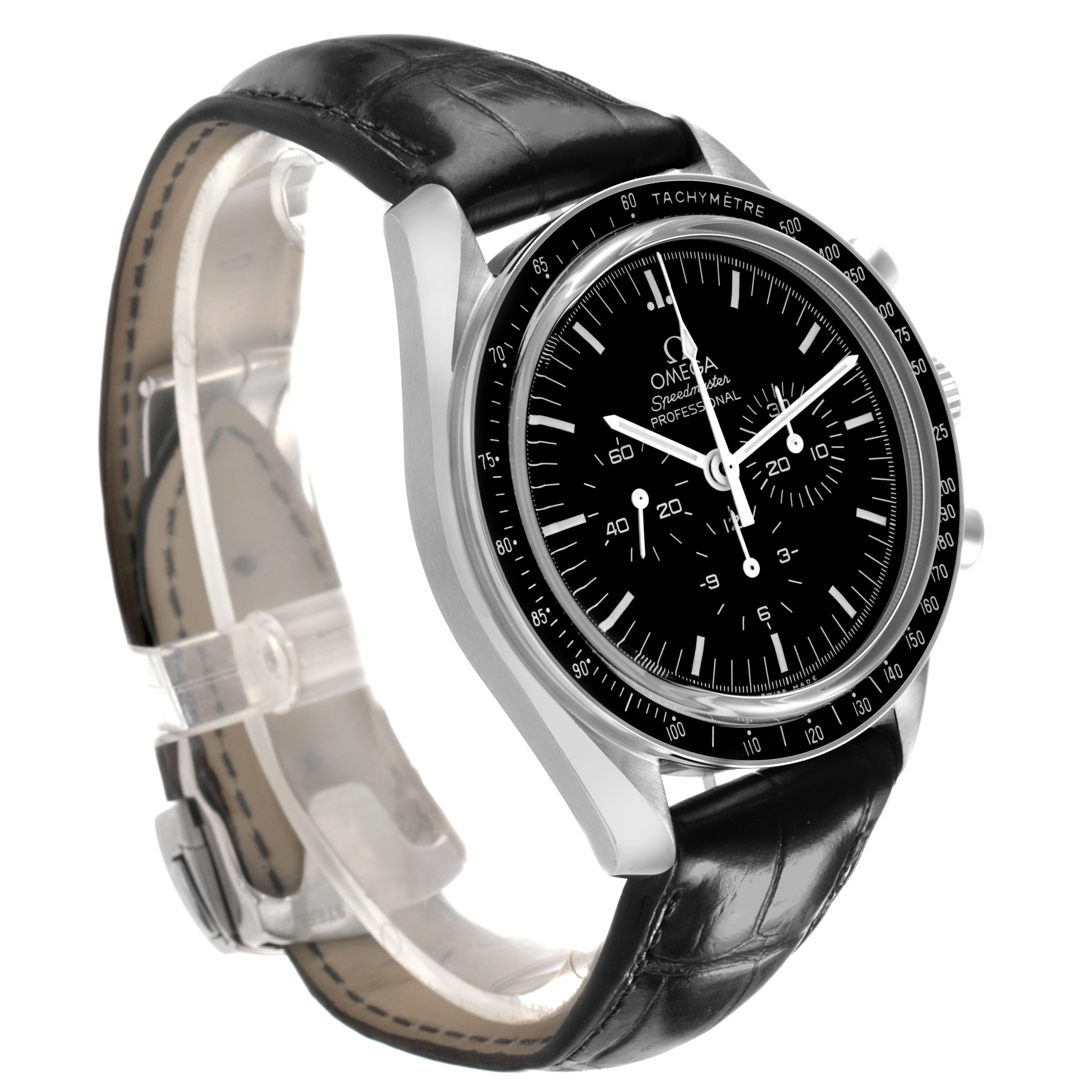 The Omega Speedmaster 310.30.42.50.01.002 Men's Stainless Steel Black Dial watch is shown at a three-quarter angle, highlighting the dial, bezel, and leather strap.