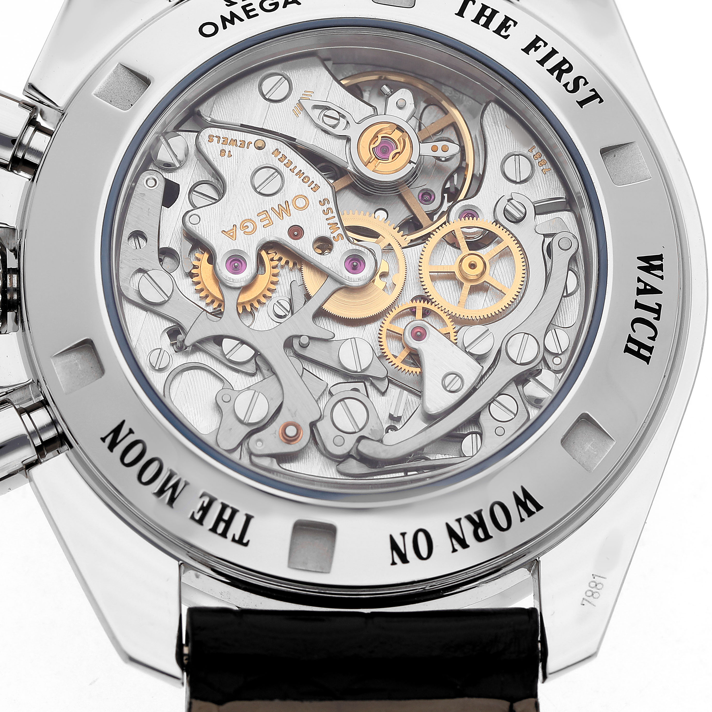 The image shows the Omega Speedmaster 310.30.42.50.01.002 Men's Stainless Steel Black Dial's case back, revealing its intricate movement and engravings.