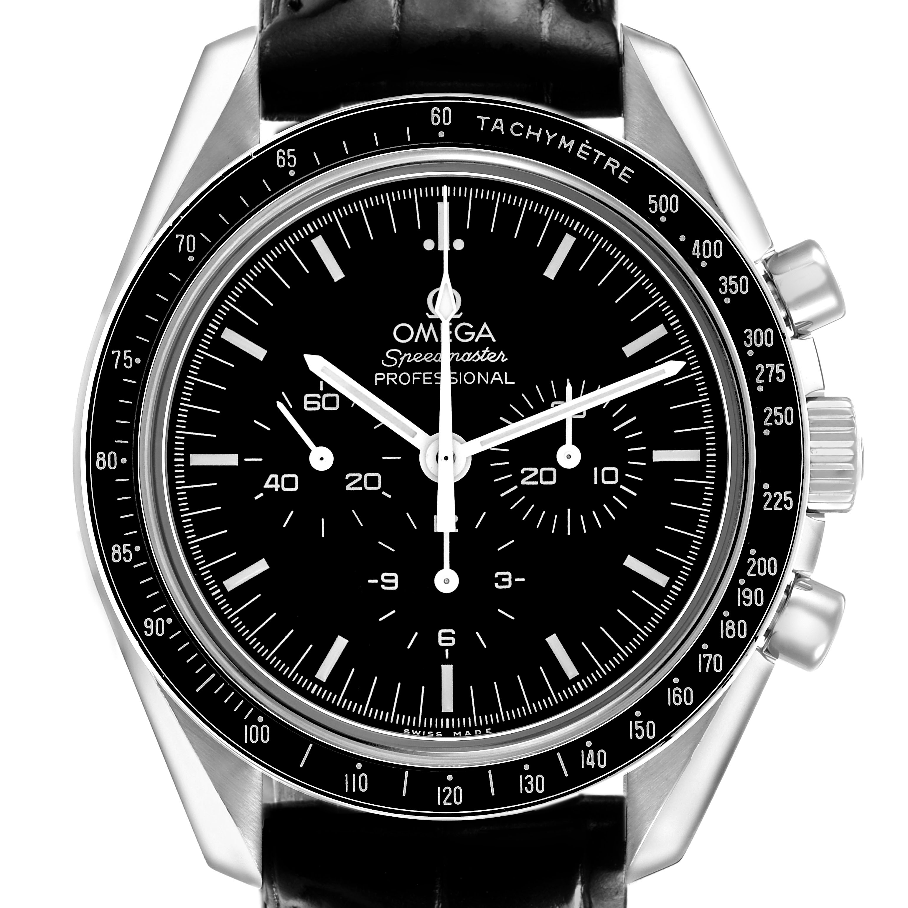 The Omega Speedmaster 310.30.42.50.01.002 Men's Stainless Steel Black Dial watch is shown from the front, displaying the dial, bezel, subdials, and pushers.