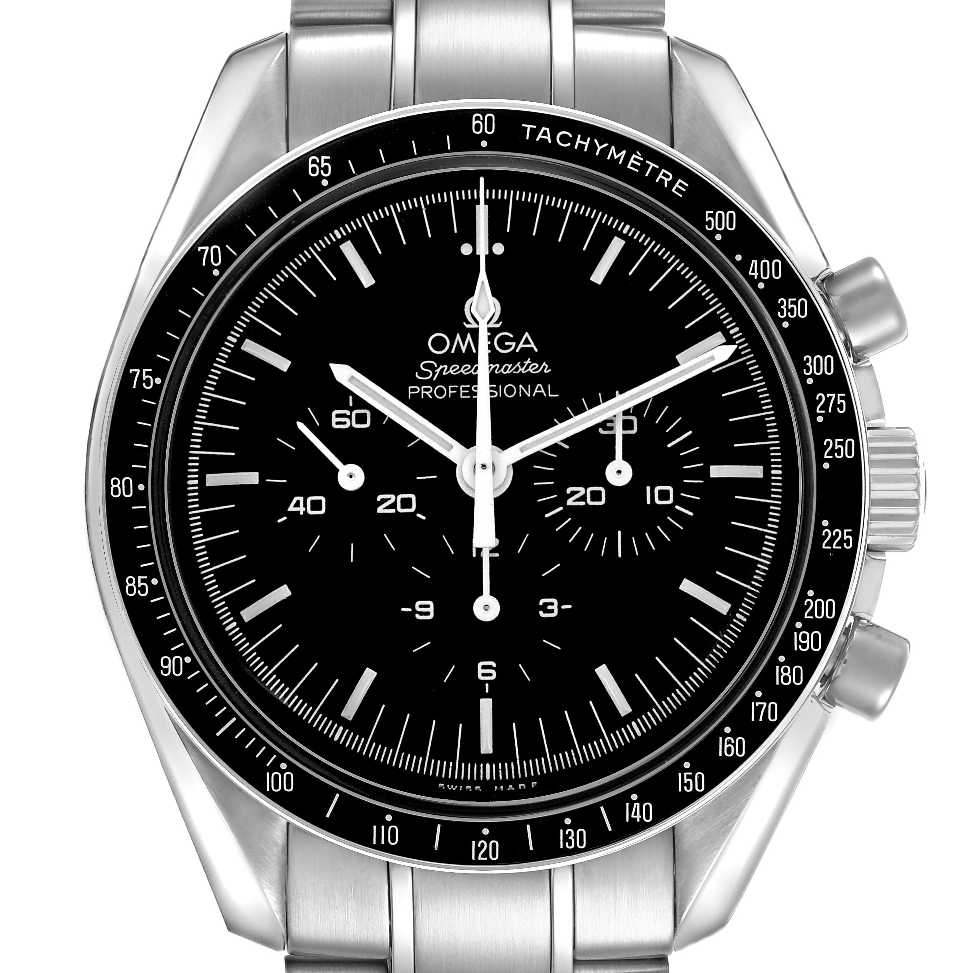 The Omega Speedmaster 311.30.42.30.01.005 Men's Stainless Steel Black Dial watch is shown from a front angle, highlighting the dial, bezel, and stainless steel bracelet.