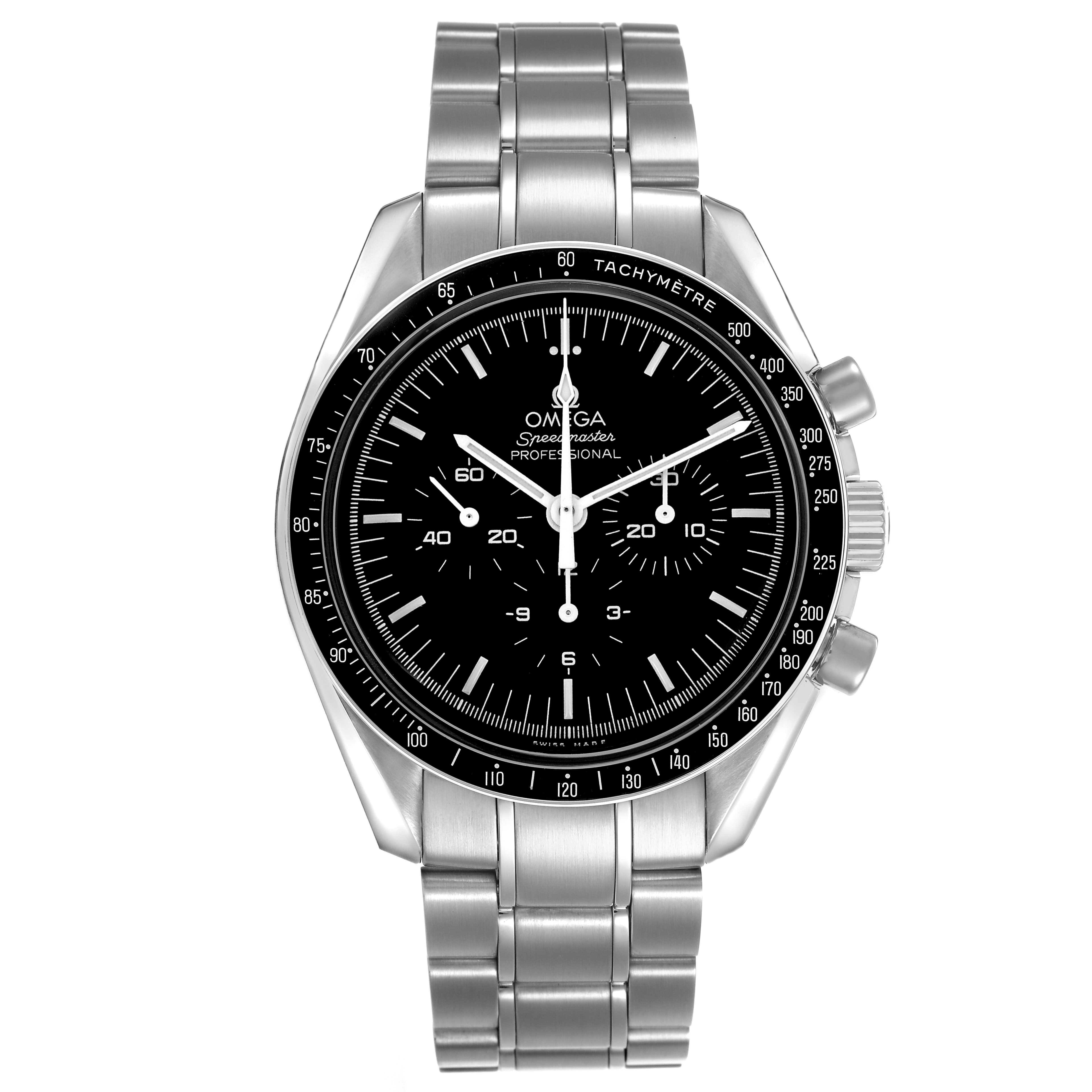The Omega Speedmaster 311.30.42.30.01.005 Men's Stainless Steel Black Dial watch is shown from the front, displaying the dial, bezel, and bracelet.