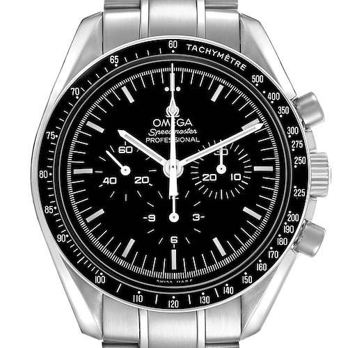 The Omega Speedmaster 311.30.42.30.01.005 Men's Stainless Steel Black Dial watch is shown from a front angle, displaying the dial, tachymeter bezel, and metal bracelet.