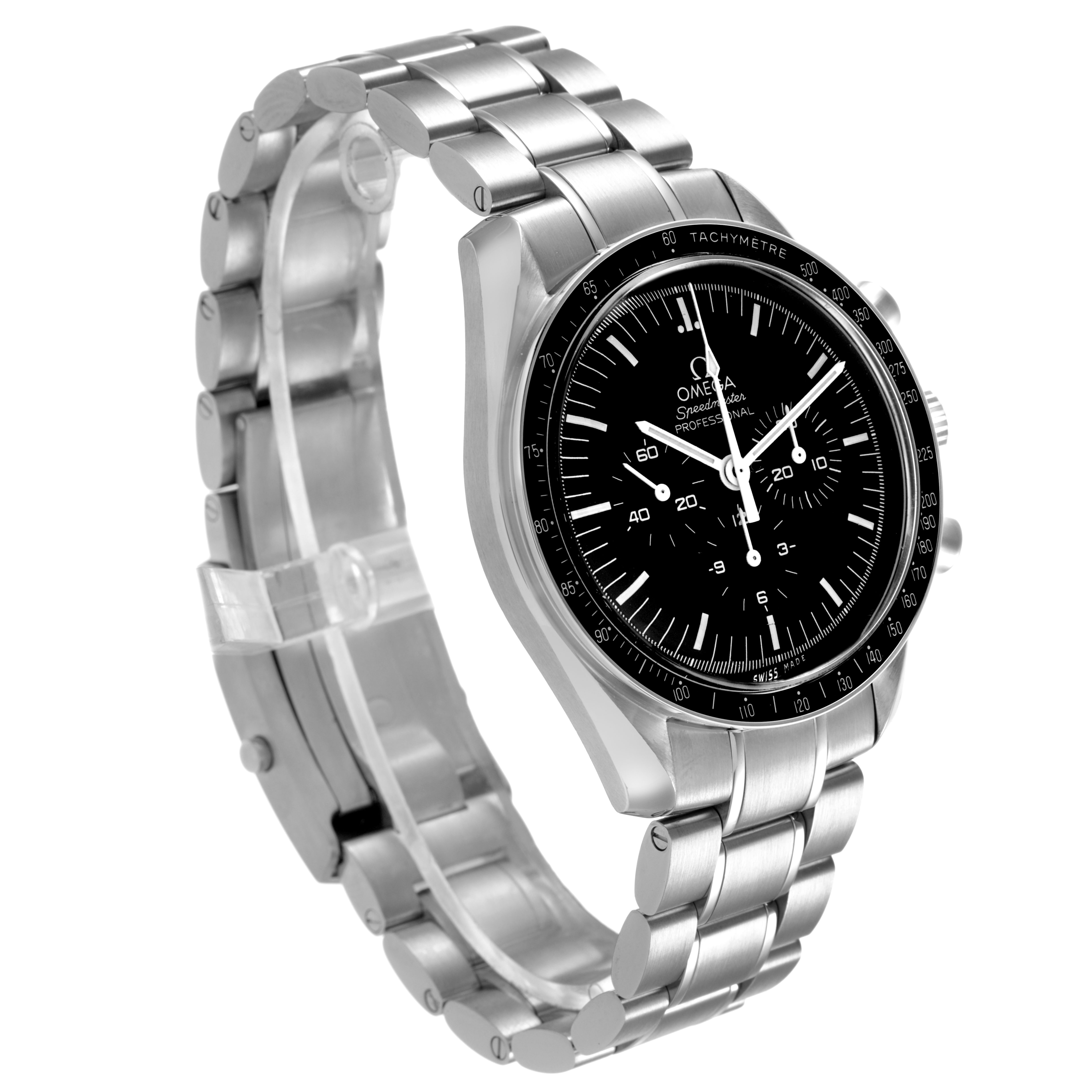 The Omega Speedmaster 311.30.42.30.01.005 Men's Stainless Steel Black Dial watch is shown from a three-quarter angle, displaying the dial, bezel, and metal bracelet.