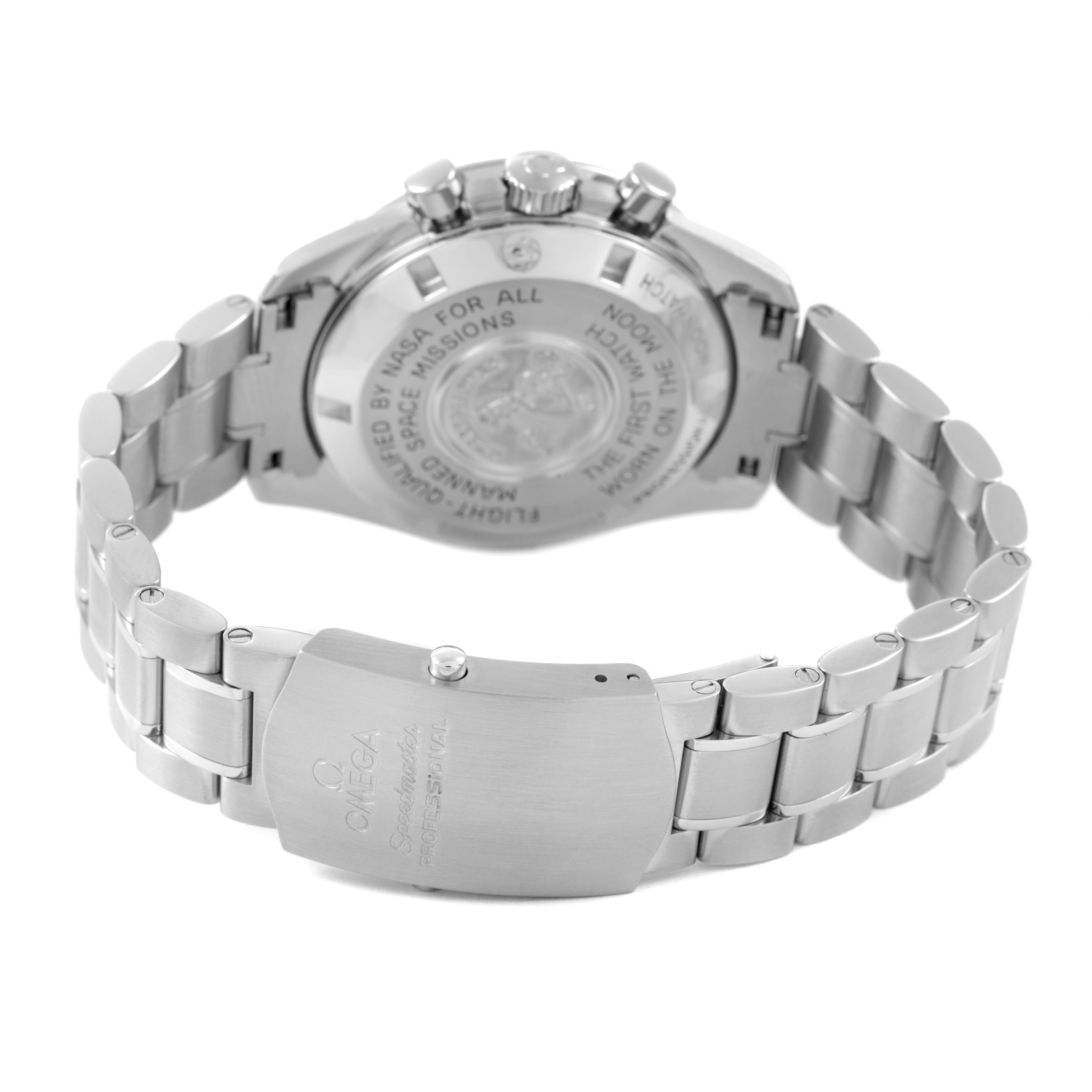The image shows the back view of an Omega Speedmaster 311.30.42.30.01.005 Men's Stainless Steel Black Dial, highlighting the case back and stainless steel bracelet.