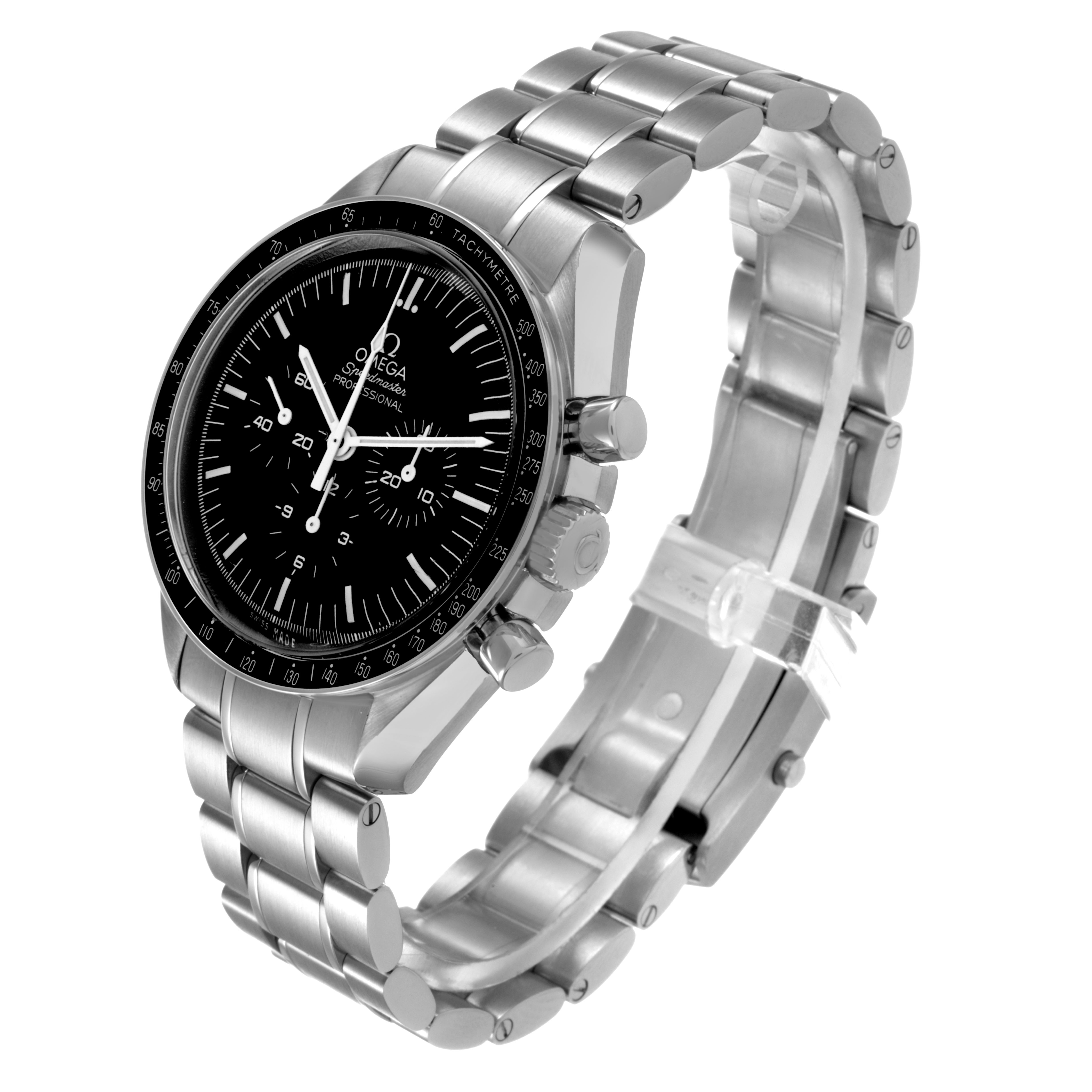 The Omega Speedmaster 311.30.42.30.01.005 Men's Stainless Steel Black Dial watch is shown at a slight angle, highlighting the face, bezel, pushers, and metal bracelet.