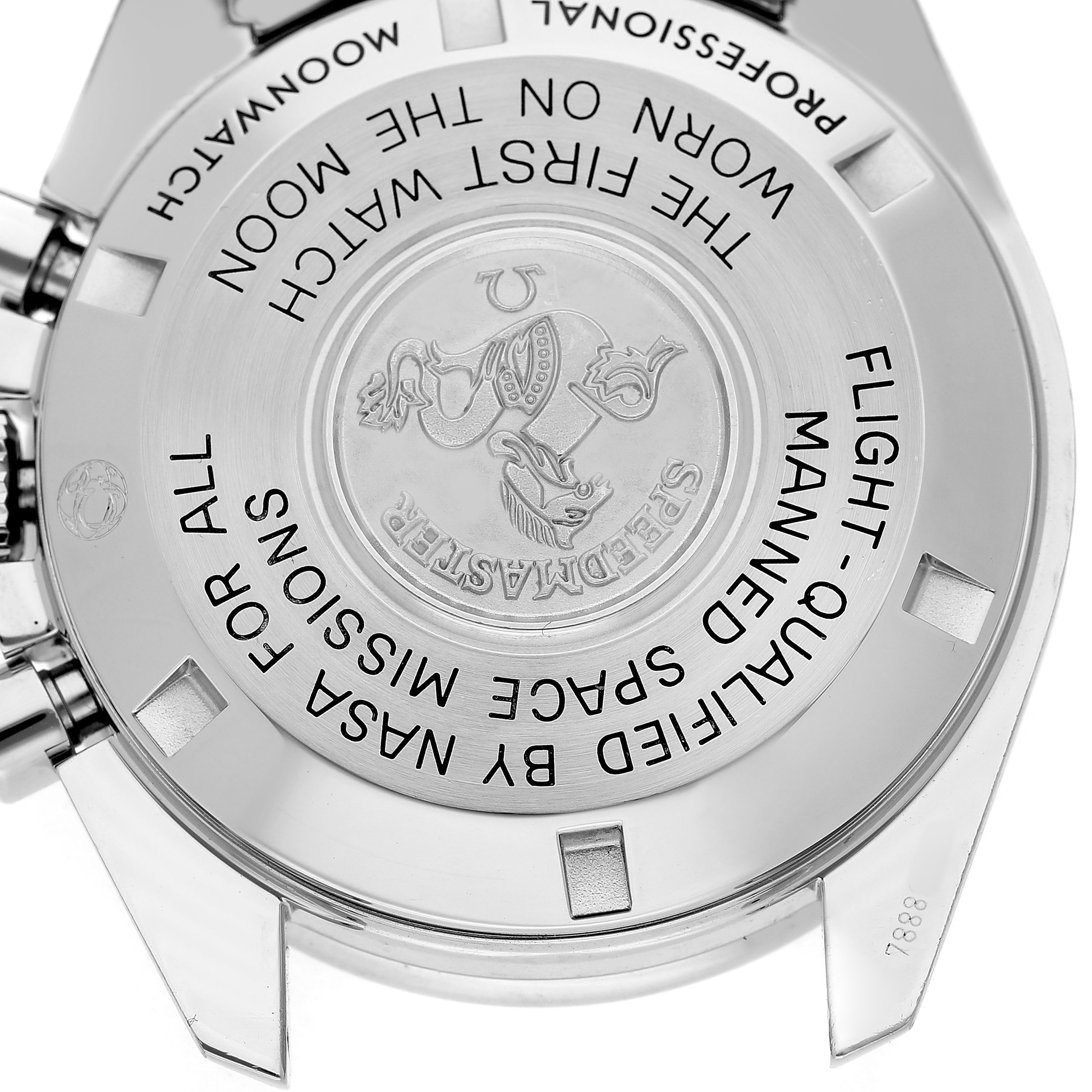 The image shows the back case of an Omega Speedmaster 311.30.42.30.01.005 Men's Stainless Steel Black Dial, highlighting its engravings.