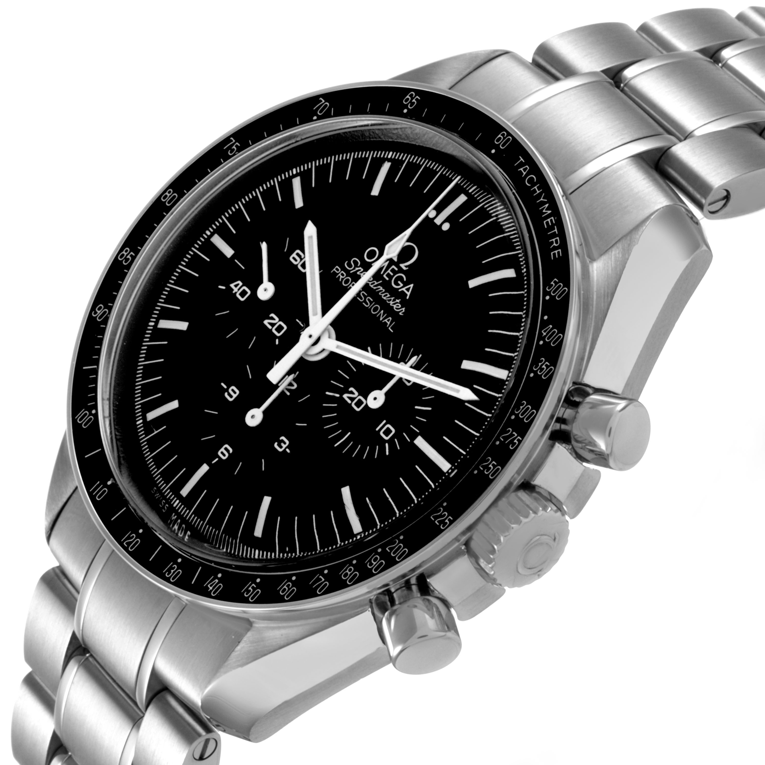 The Omega Speedmaster 311.30.42.30.01.005 Men's Stainless Steel Black Dial watch is shown at a slight angle displaying the face, bezel, crown, and pushers.