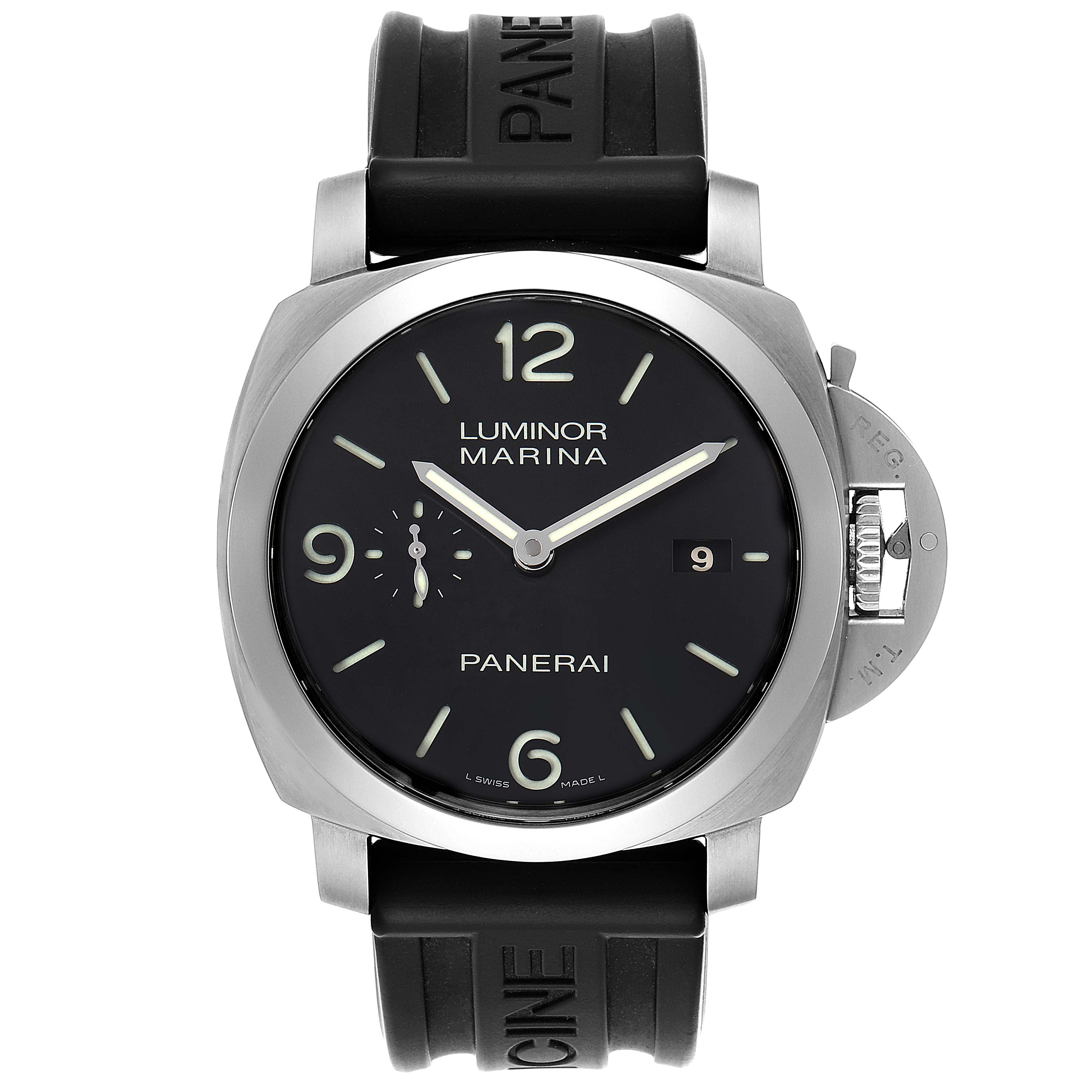 The image shows a front view of the Panerai Luminor PAM00312 Men's Stainless Steel Black Dial PAM00312 Men's Stainless Steel Black Dial Marina watch, displaying its dial, case, and strap.