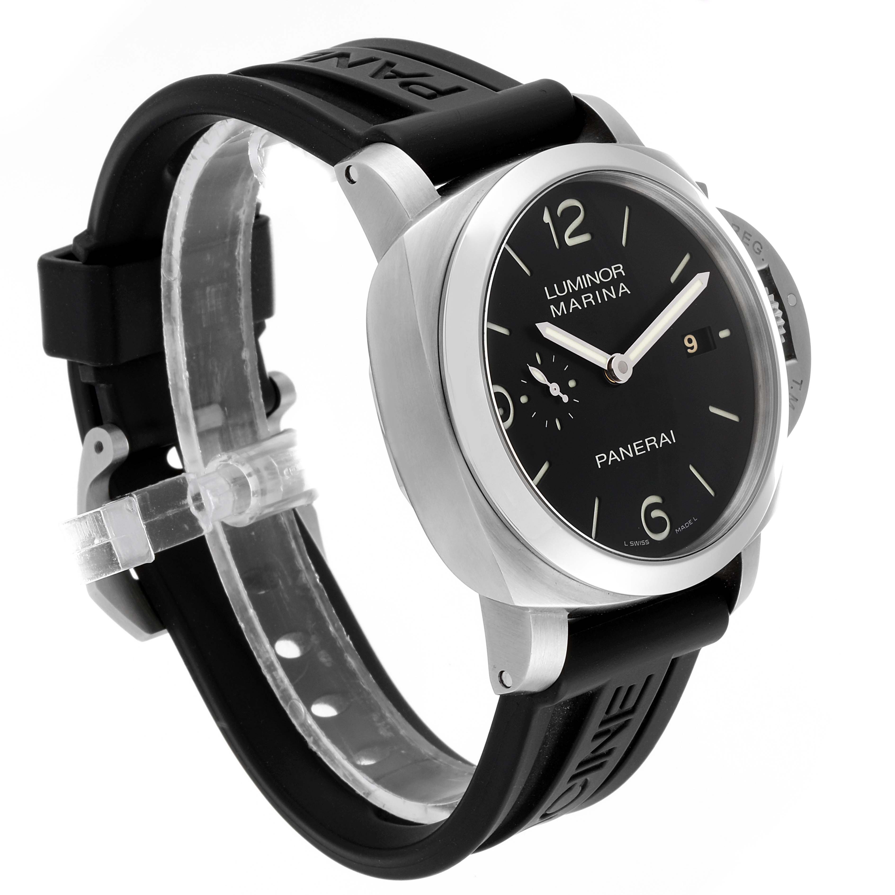 The image shows a Panerai Luminor PAM00312 Men's Stainless Steel Black Dial PAM00312 Men's Stainless Steel Black Dial model watch angled from the front-left side, highlighting the dial and strap.