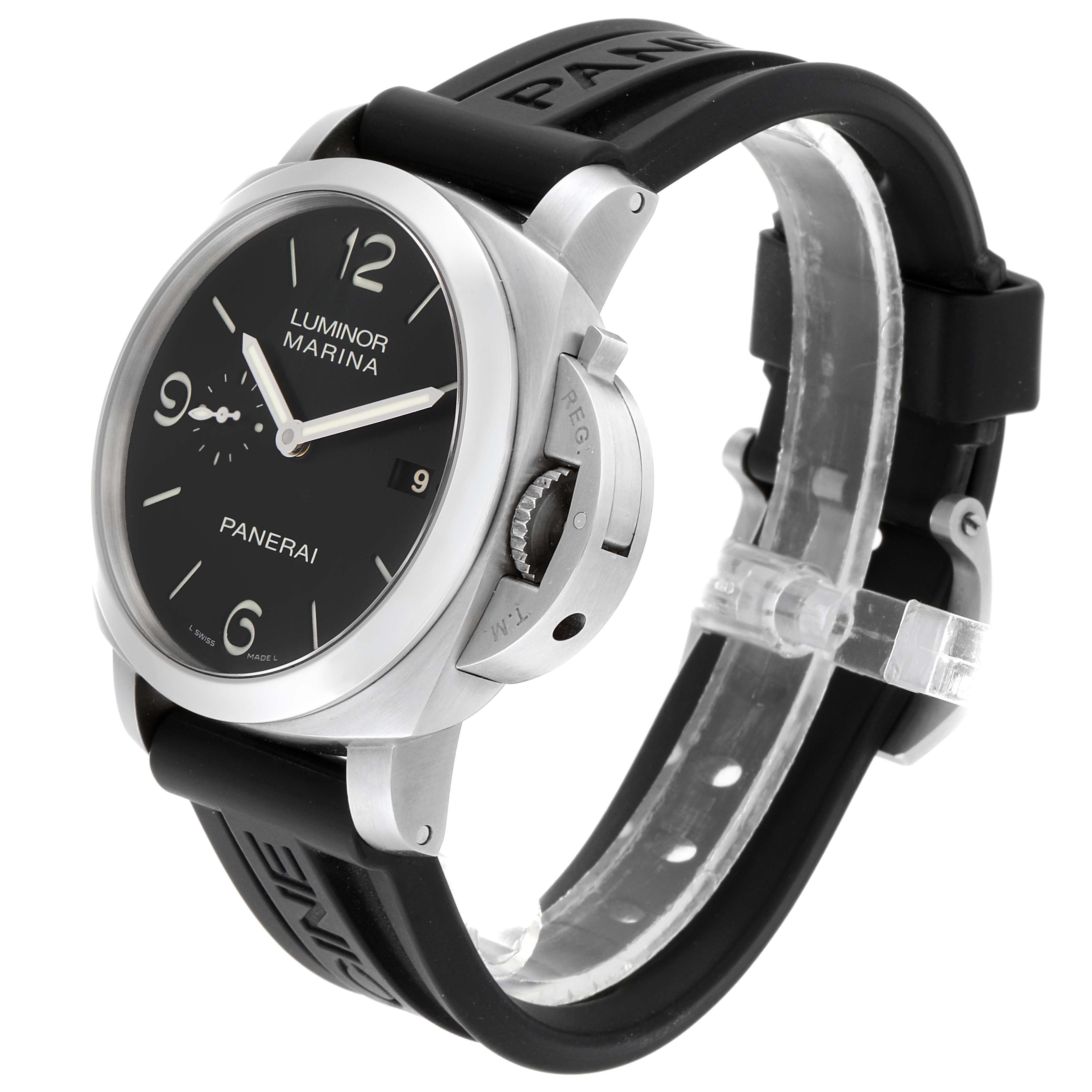 This image shows a Panerai Luminor PAM00312 Men's Stainless Steel Black Dial PAM00312 Men's Stainless Steel Black Dial Marina watch from an angle displaying its face, crown guard, and black rubber strap.