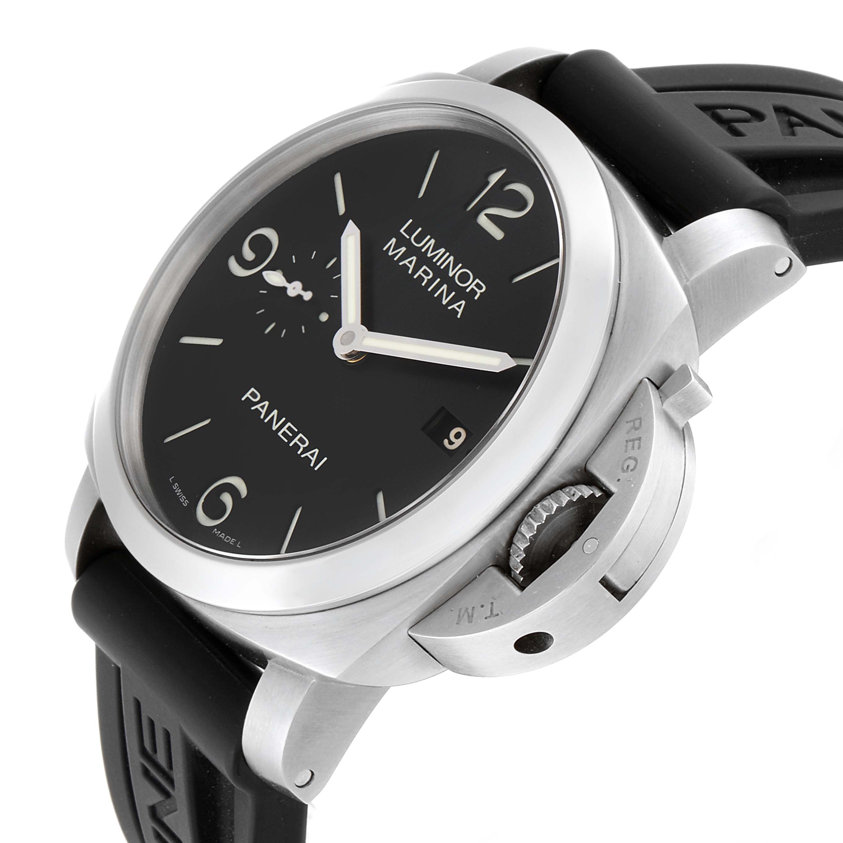The image shows a close-up, angled view of the Panerai Luminor PAM00312 Men's Stainless Steel Black Dial PAM00312 Men's Stainless Steel Black Dial watch, highlighting its dial, crown, and strap.