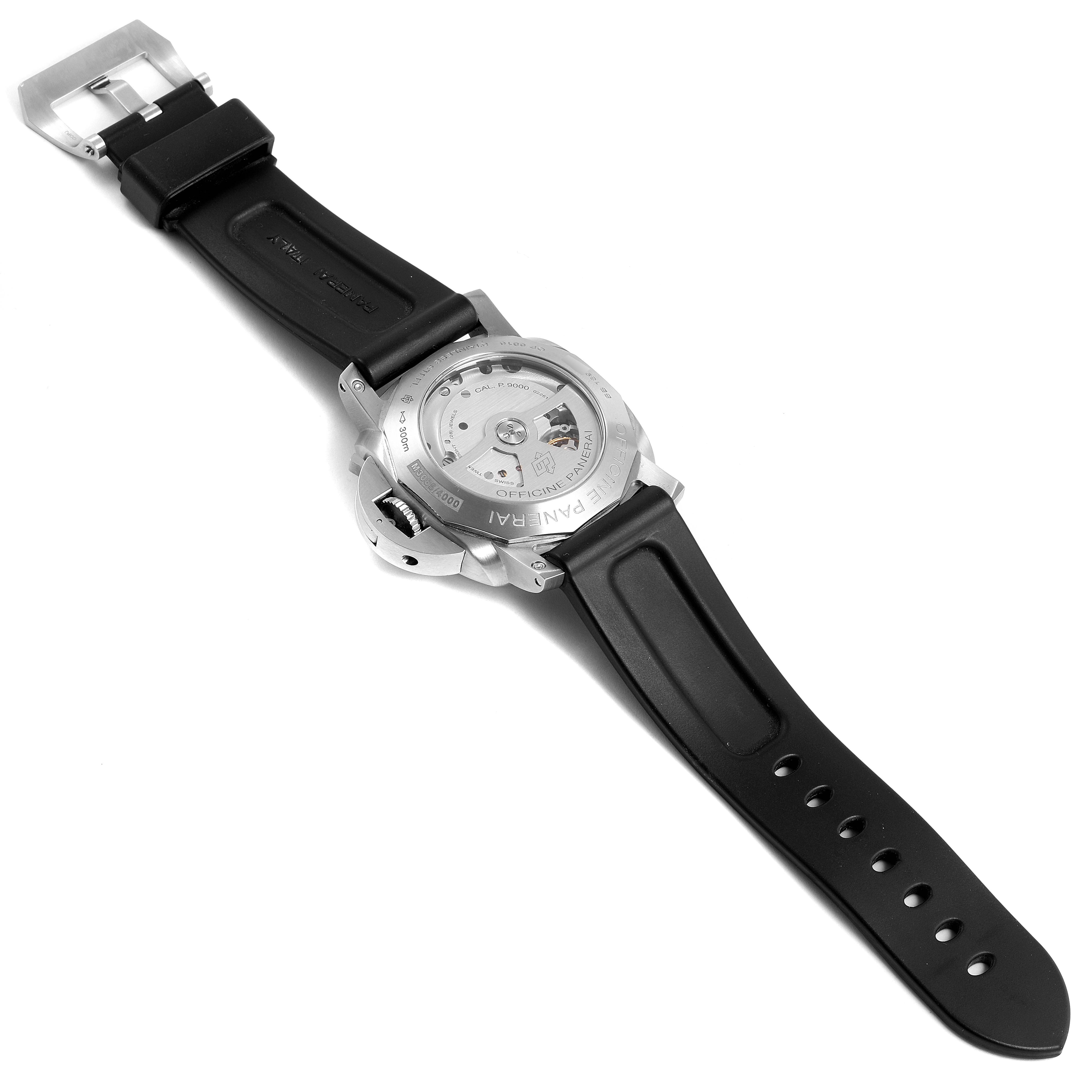 The image shows the back view of a Panerai Luminor PAM00312 Men's Stainless Steel Black Dial PAM00312 Men's Stainless Steel Black Dial watch, highlighting its case back and black rubber strap.