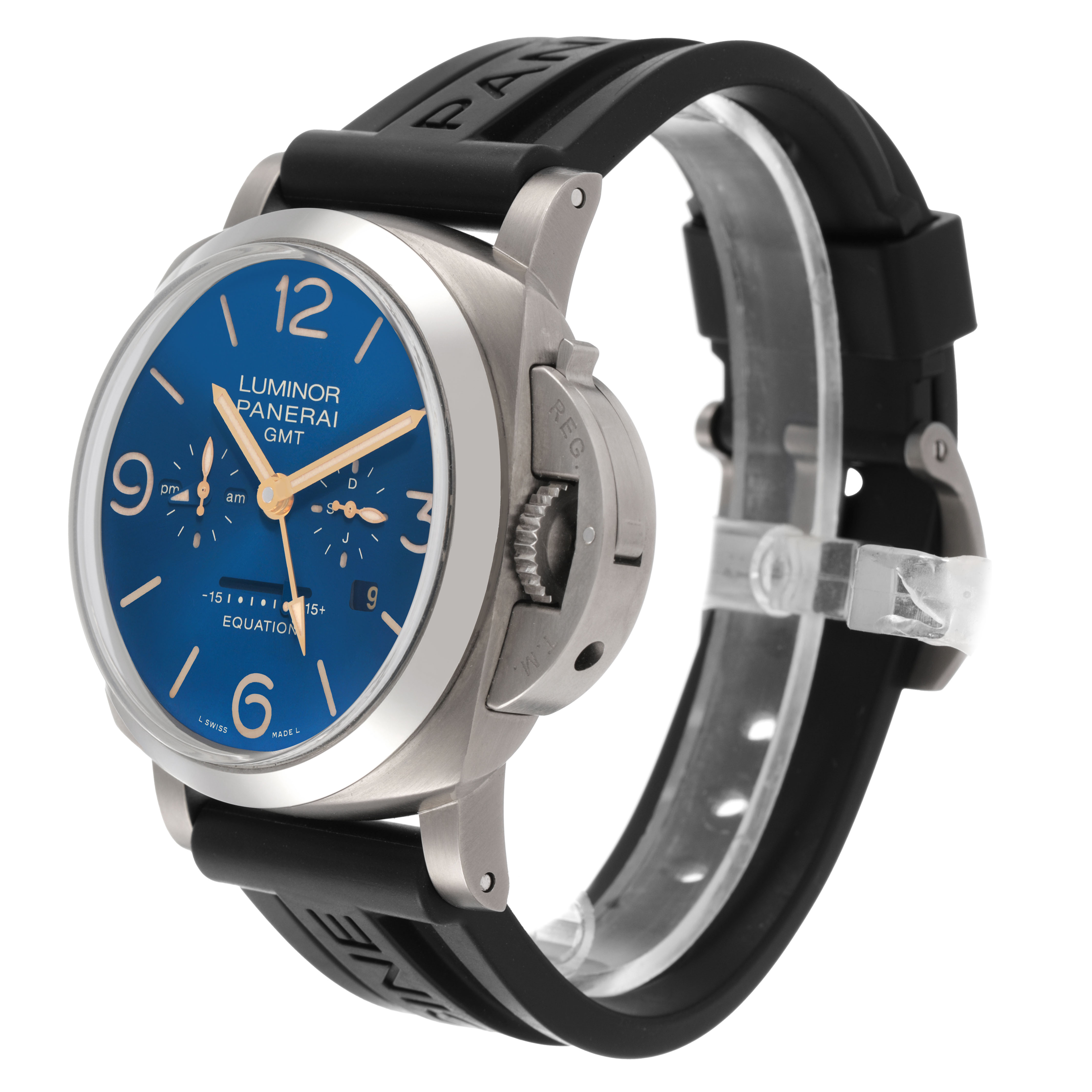 The Panerai Luminor PAM00670 Men's Titanium Blue Dial watch is shown at a three-quarter angle, displaying its blue dial and black strap.