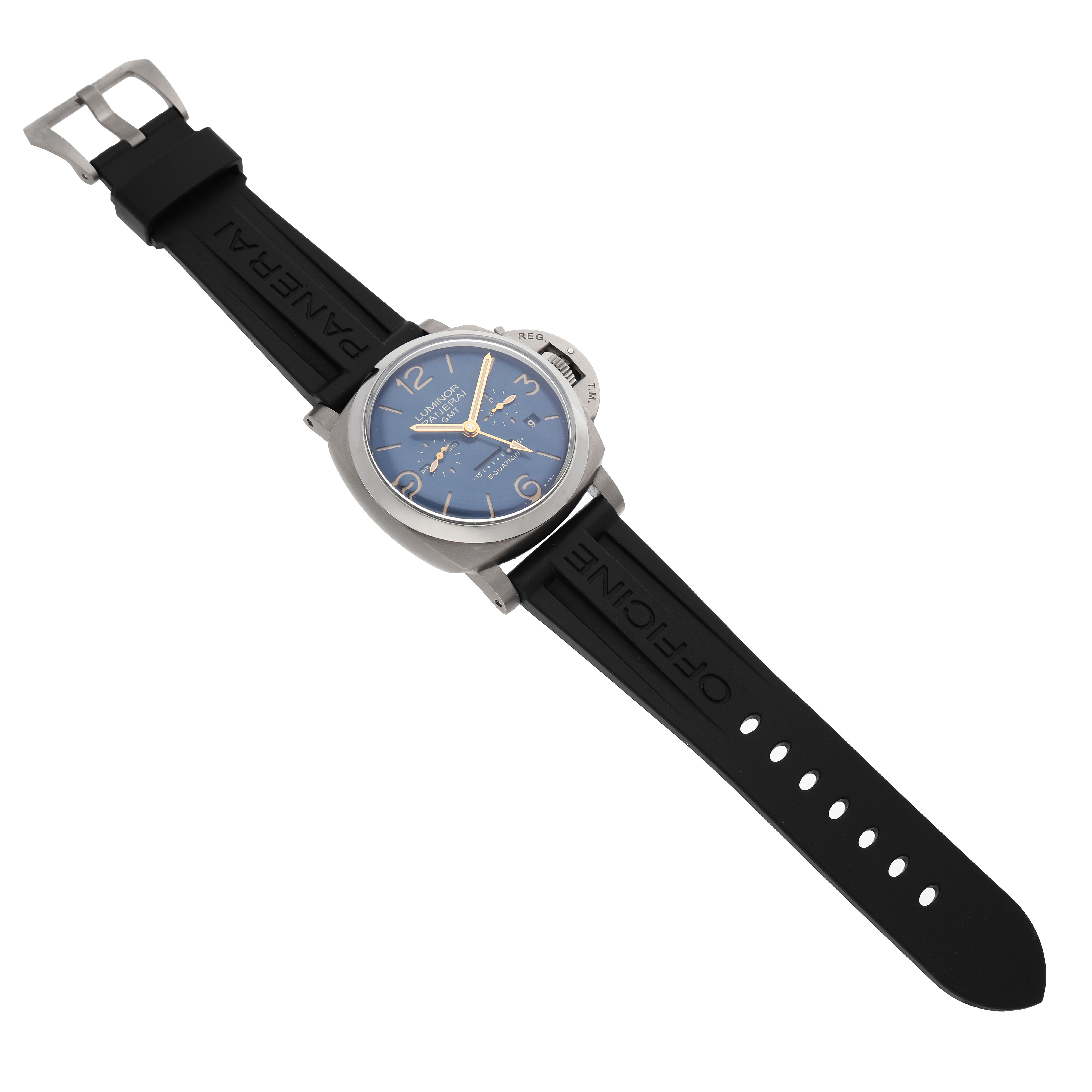 The Panerai Luminor PAM00670 Men's Titanium Blue Dial watch is shown from a top-down angle, featuring the dial, case, crown guard, and rubber strap.