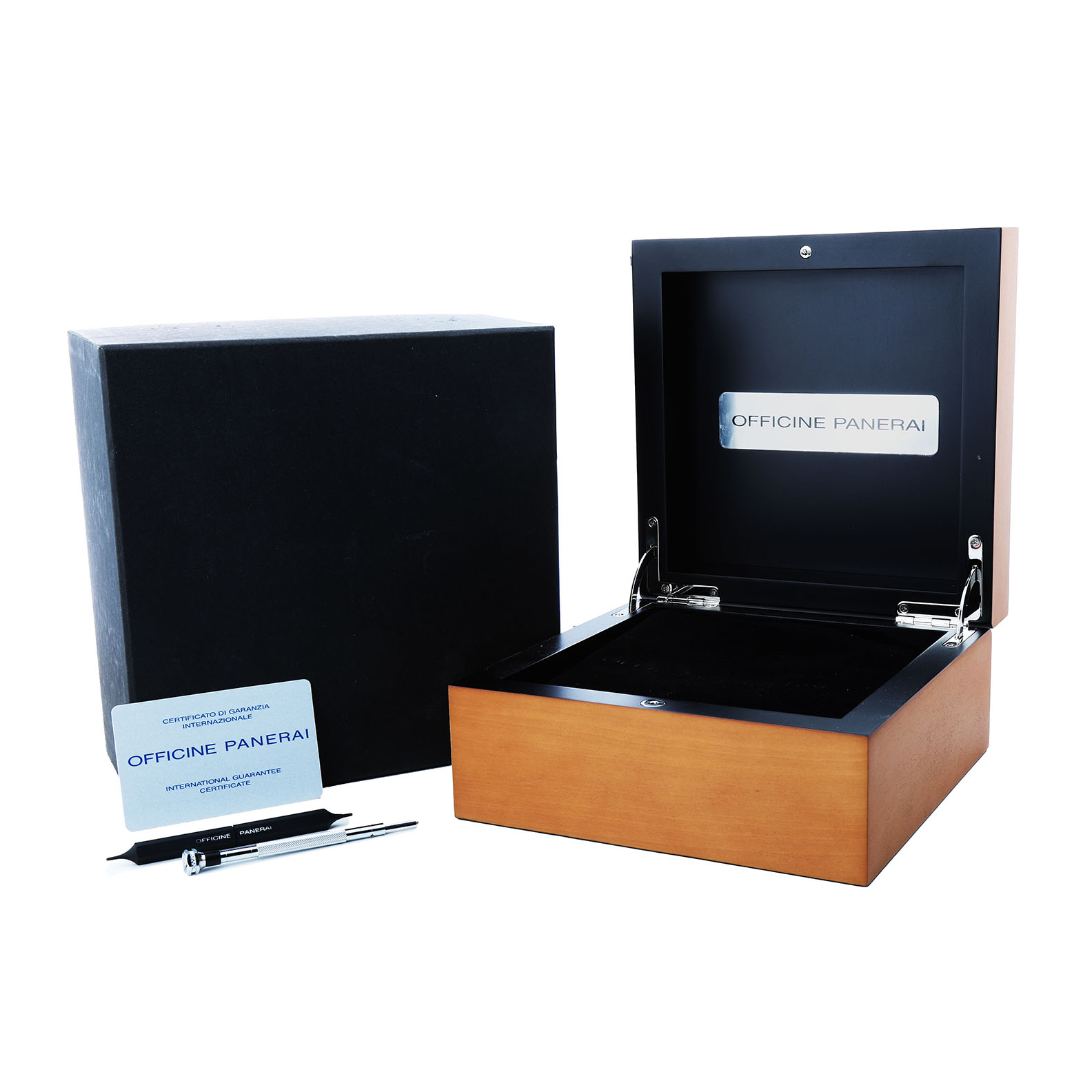 The image shows the opened box for a Panerai Luminor PAM00670 Men's Titanium Blue Dial watch, a tool, and warranty cards.