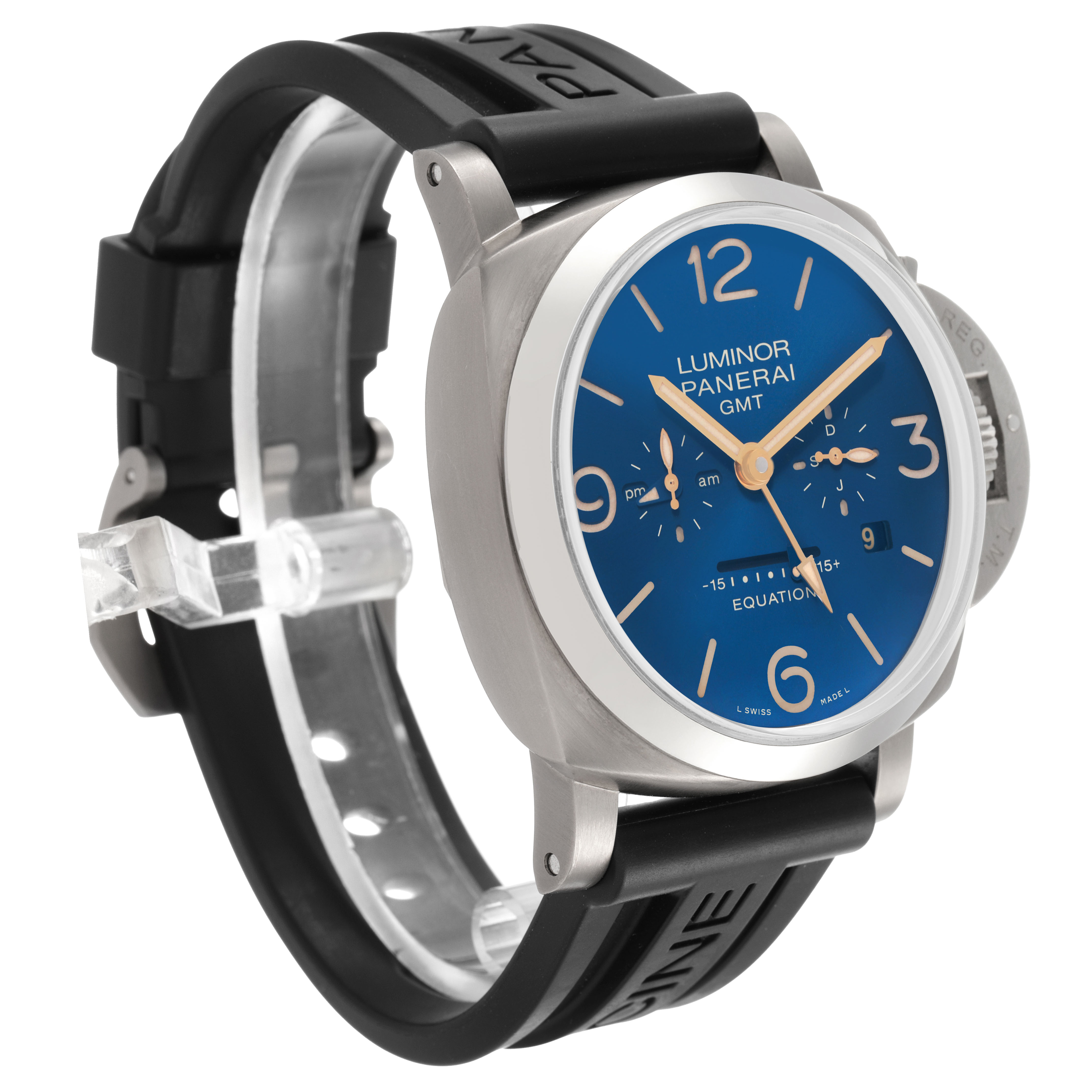 The Panerai Luminor PAM00670 Men's Titanium Blue Dial watch is shown at a three-quarter angle, highlighting the blue dial, numeral markers, and black strap.