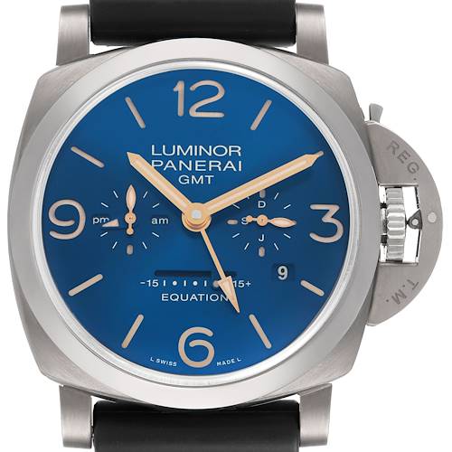 The watch is shown from a front view, highlighting the Panerai Luminor PAM00670 Men's Titanium Blue Dial's dial, case, crown guard, and strap attachment.