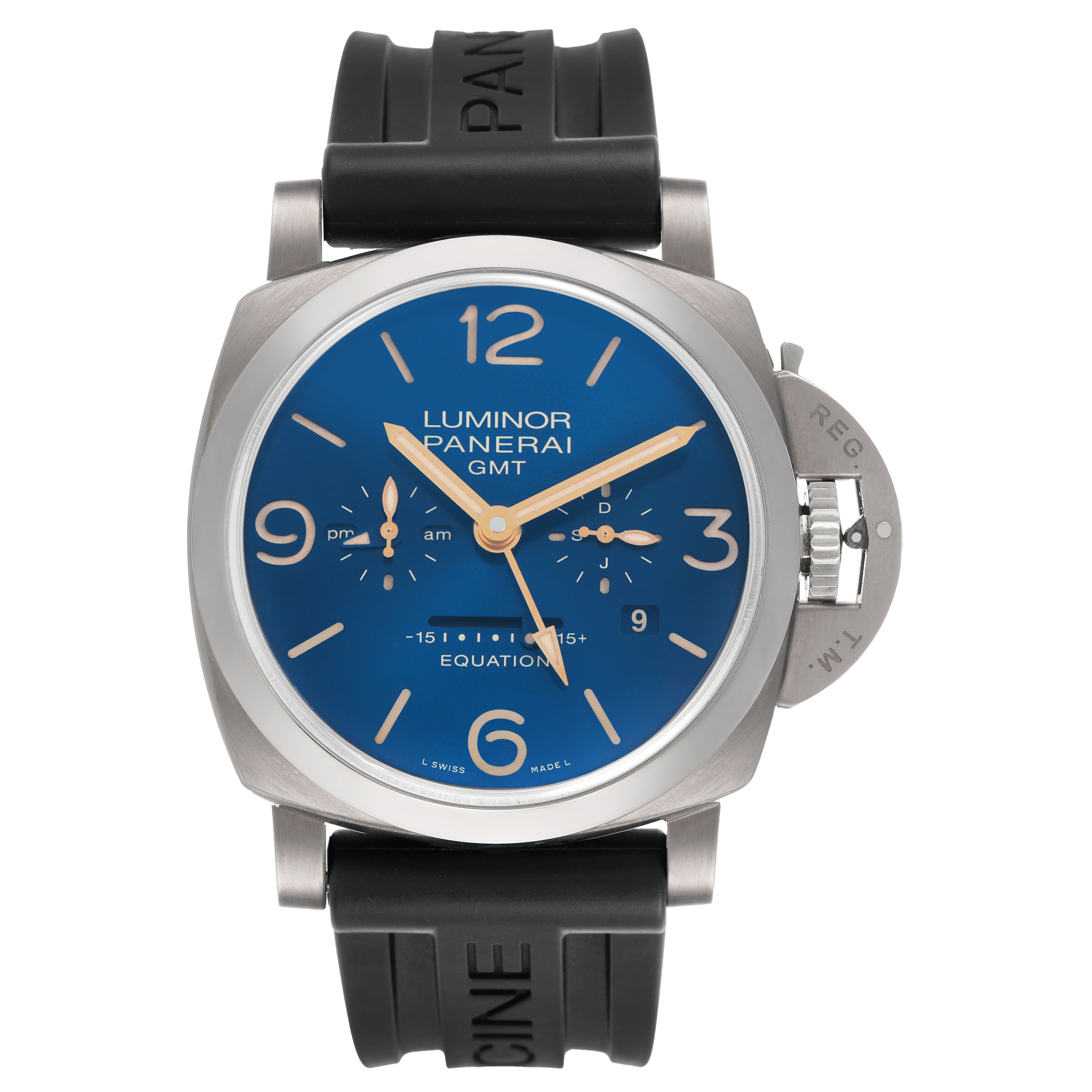 The Panerai Luminor PAM00670 Men's Titanium Blue Dial watch is shown from a front view, highlighting the blue dial, crown guard, and black rubber strap.