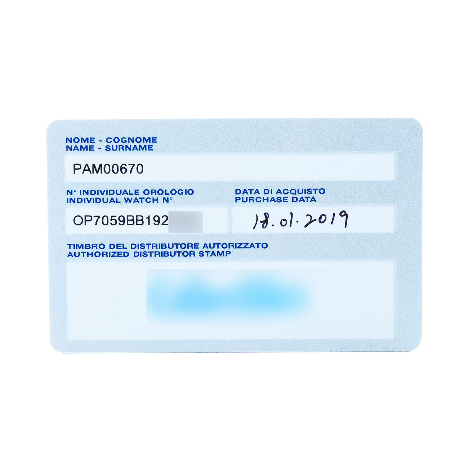 This image shows a warranty card for a Panerai Luminor PAM00670 Men's Titanium Blue Dial watch model PAM00670.