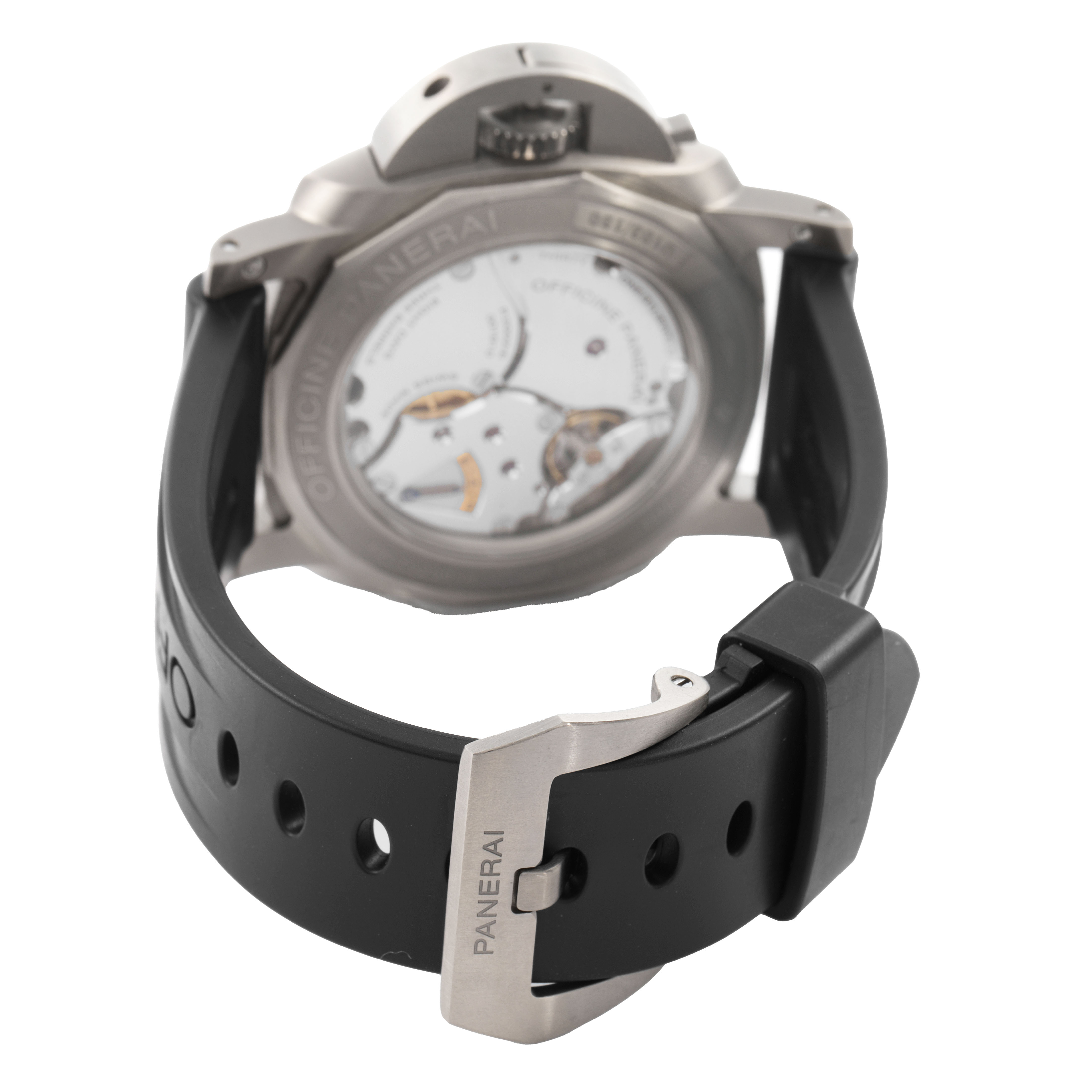 The image shows the back view of a Panerai Luminor PAM00670 Men's Titanium Blue Dial watch, highlighting its transparent case back and black rubber strap with buckle.