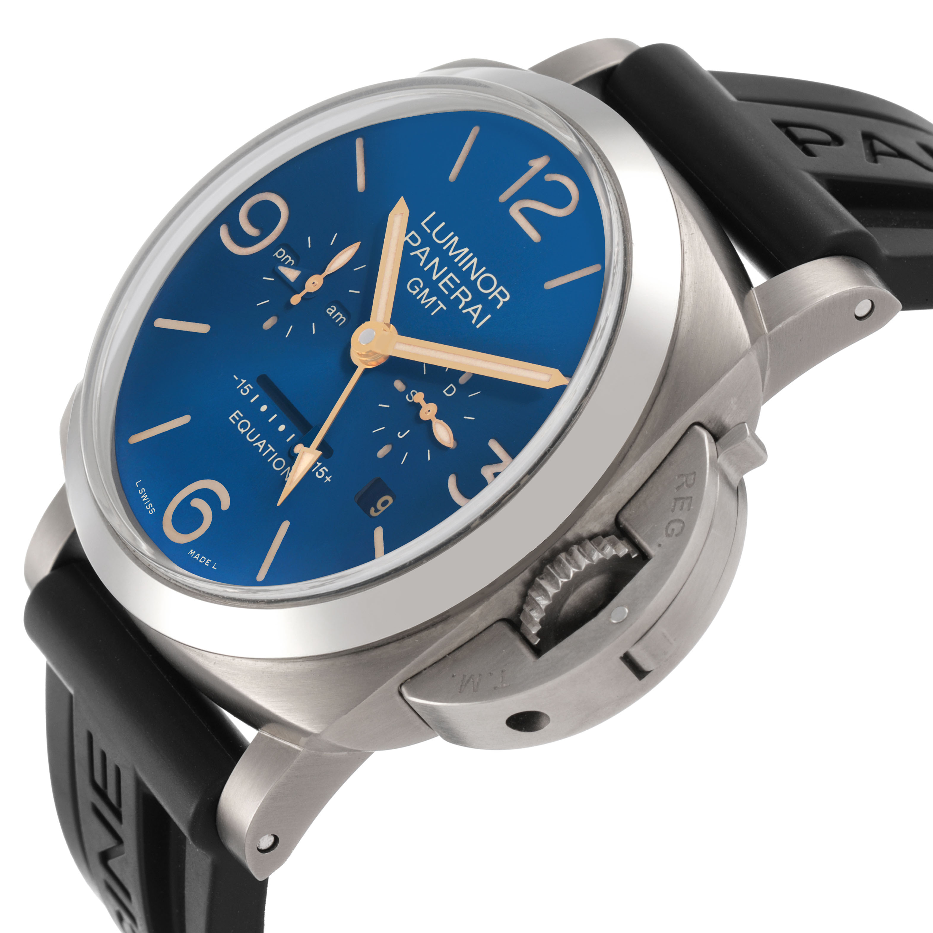 The Panerai Luminor PAM00670 Men's Titanium Blue Dial watch is shown at a slight side angle, highlighting its blue dial, crown guard, and rubber strap.