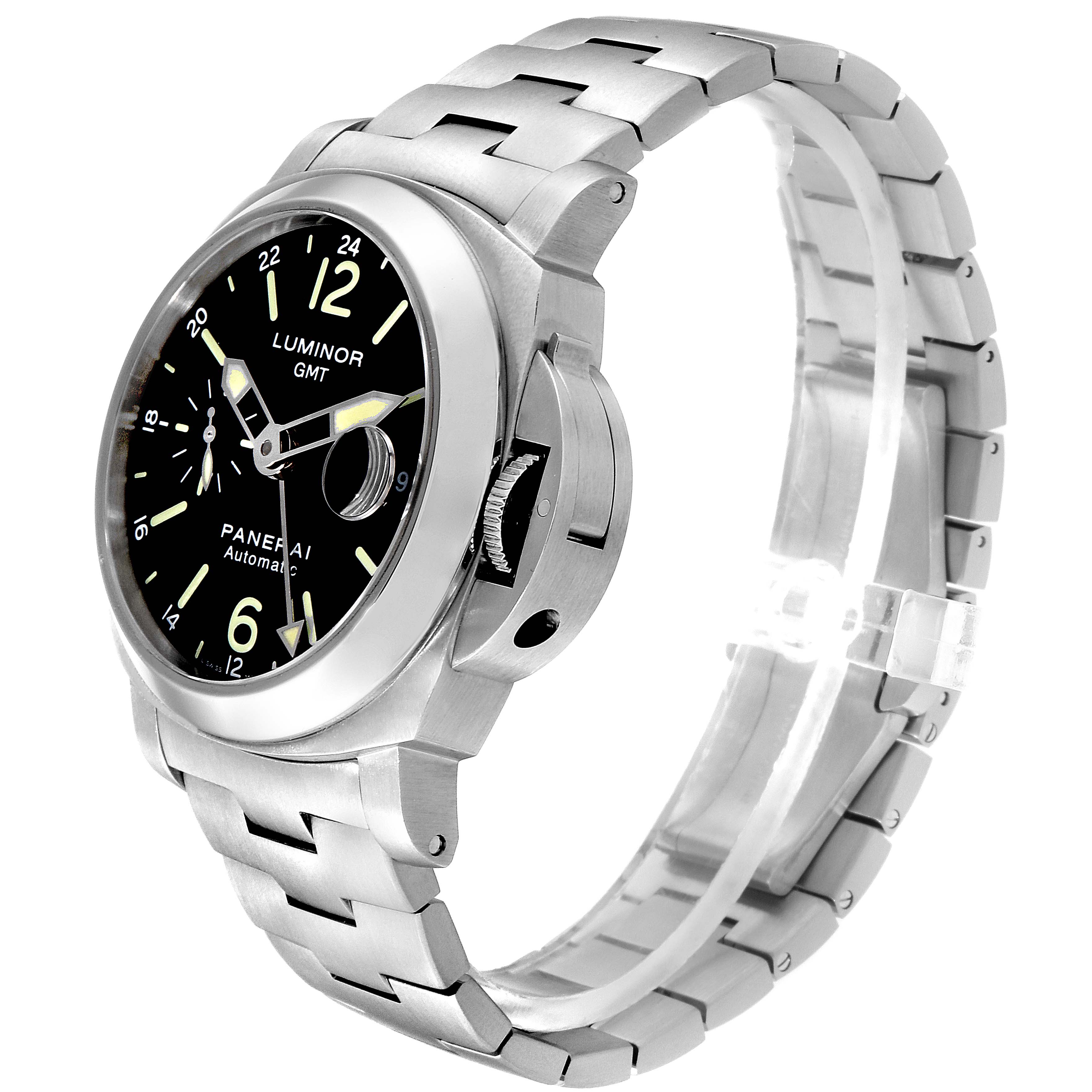 The image shows a Panerai Luminor PAM00297 Men
s Stainless Steel Black Dial PAM00297 Men
s Stainless Steel Black Dial GMT watch from an angled side view, highlighting the watch face, crown, and metal bracelet.