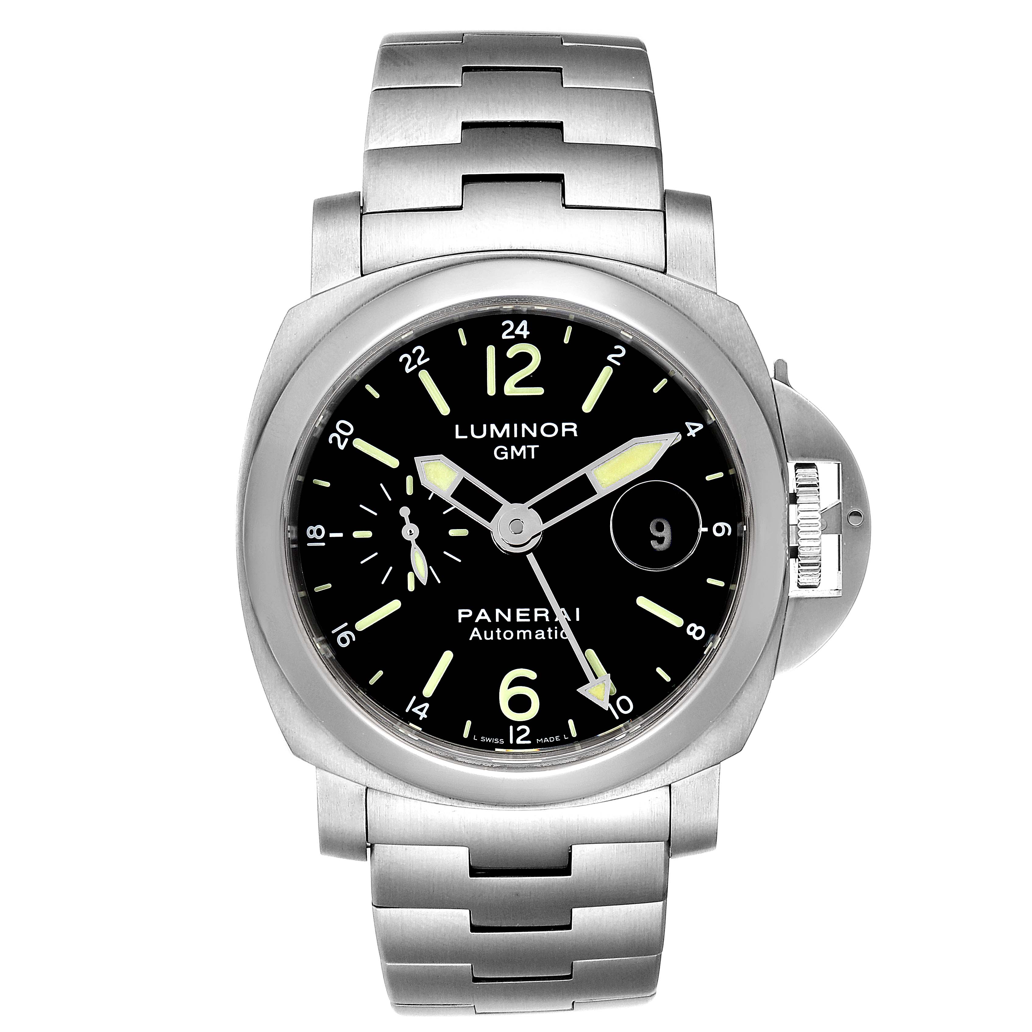 The image shows a front view of a Panerai Luminor PAM00297 Men
s Stainless Steel Black Dial PAM00297 Men
s Stainless Steel Black Dial GMT watch, highlighting its face, dial, and bracelet.