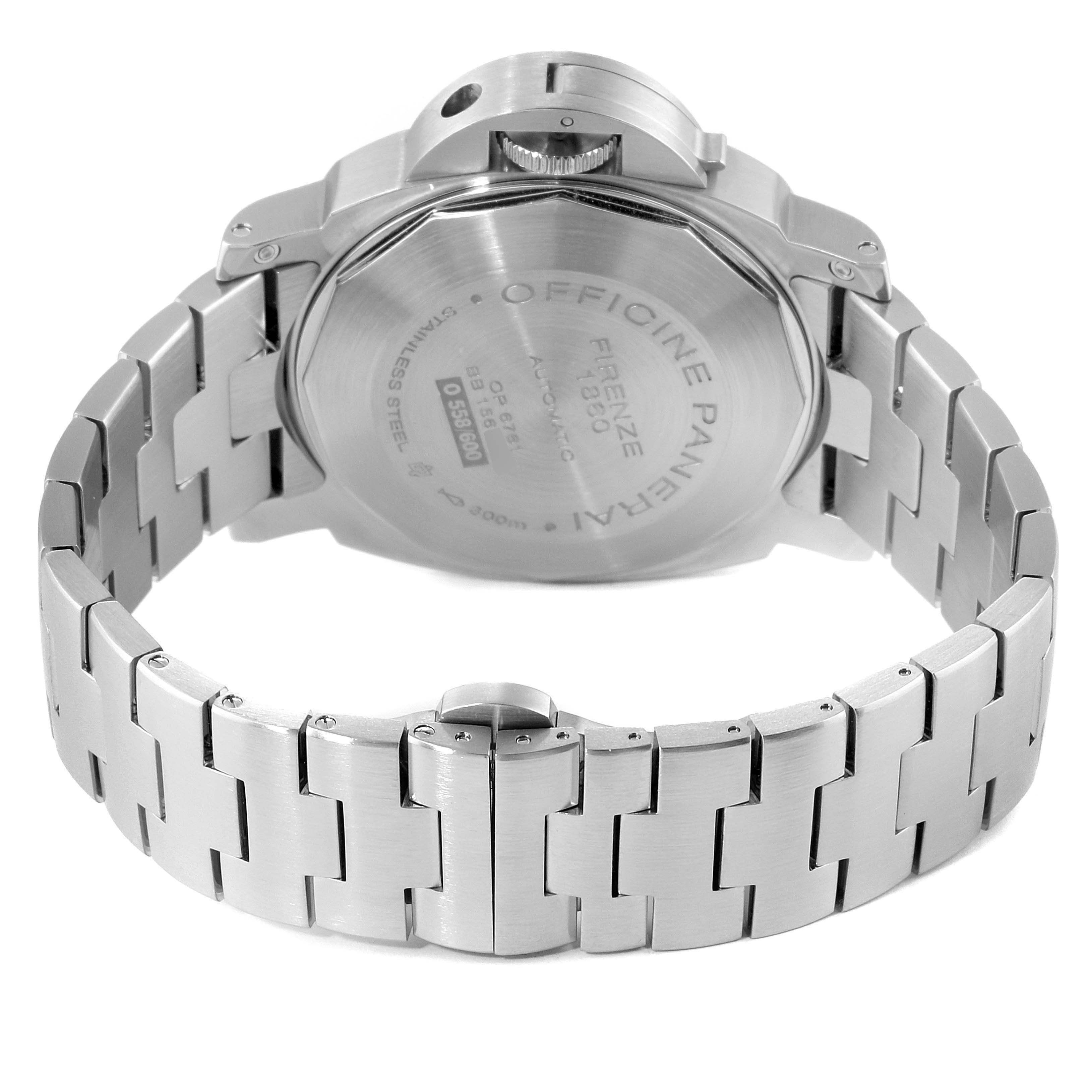 The image shows the back view of a Panerai Luminor PAM00297 Men
s Stainless Steel Black Dial PAM00297 Men
s Stainless Steel Black Dial watch, highlighting the stainless steel case and bracelet.