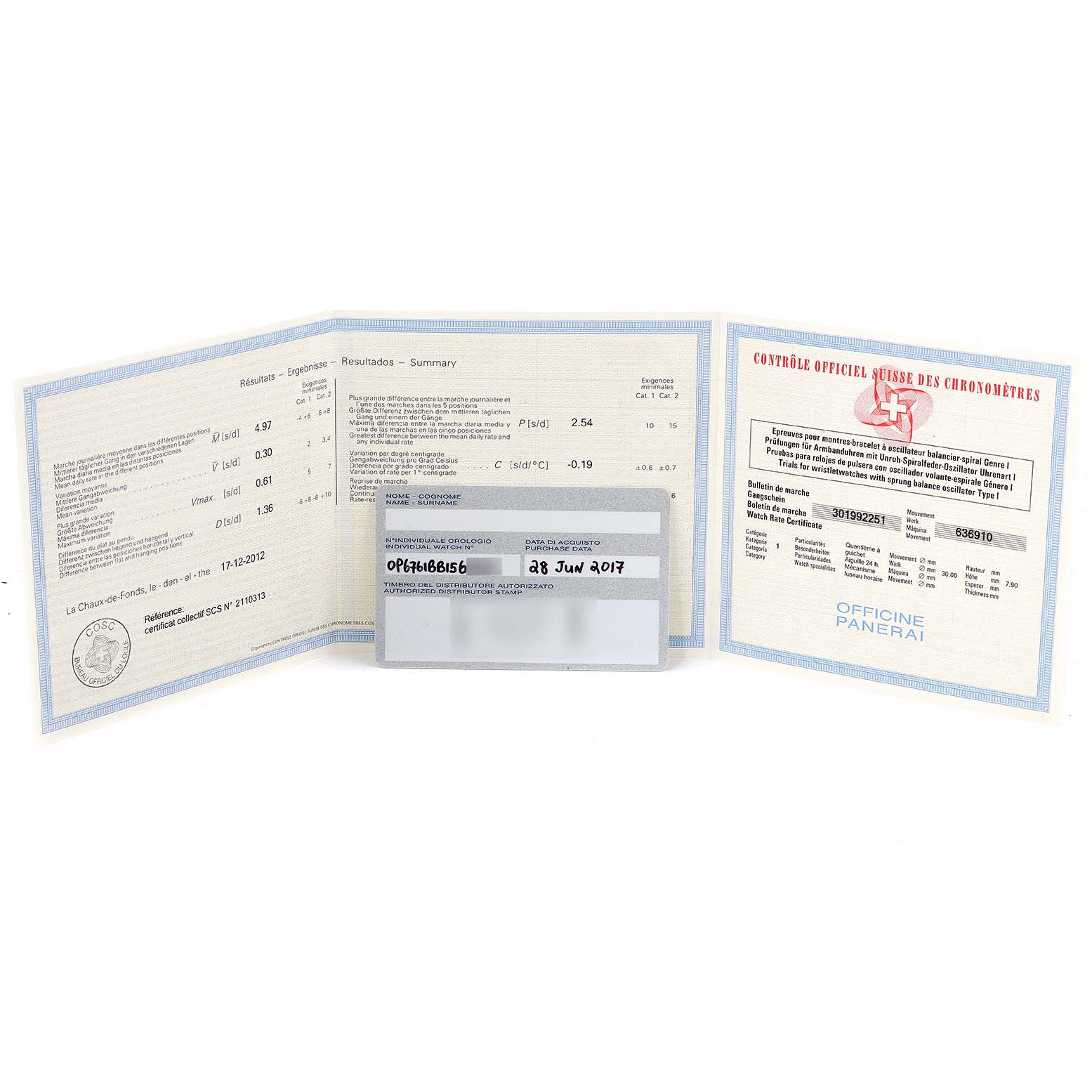 This image shows certification documents and an ID card for the Panerai Luminor PAM00297 Men
s Stainless Steel Black Dial PAM00297 Men
s Stainless Steel Black Dial model watch.