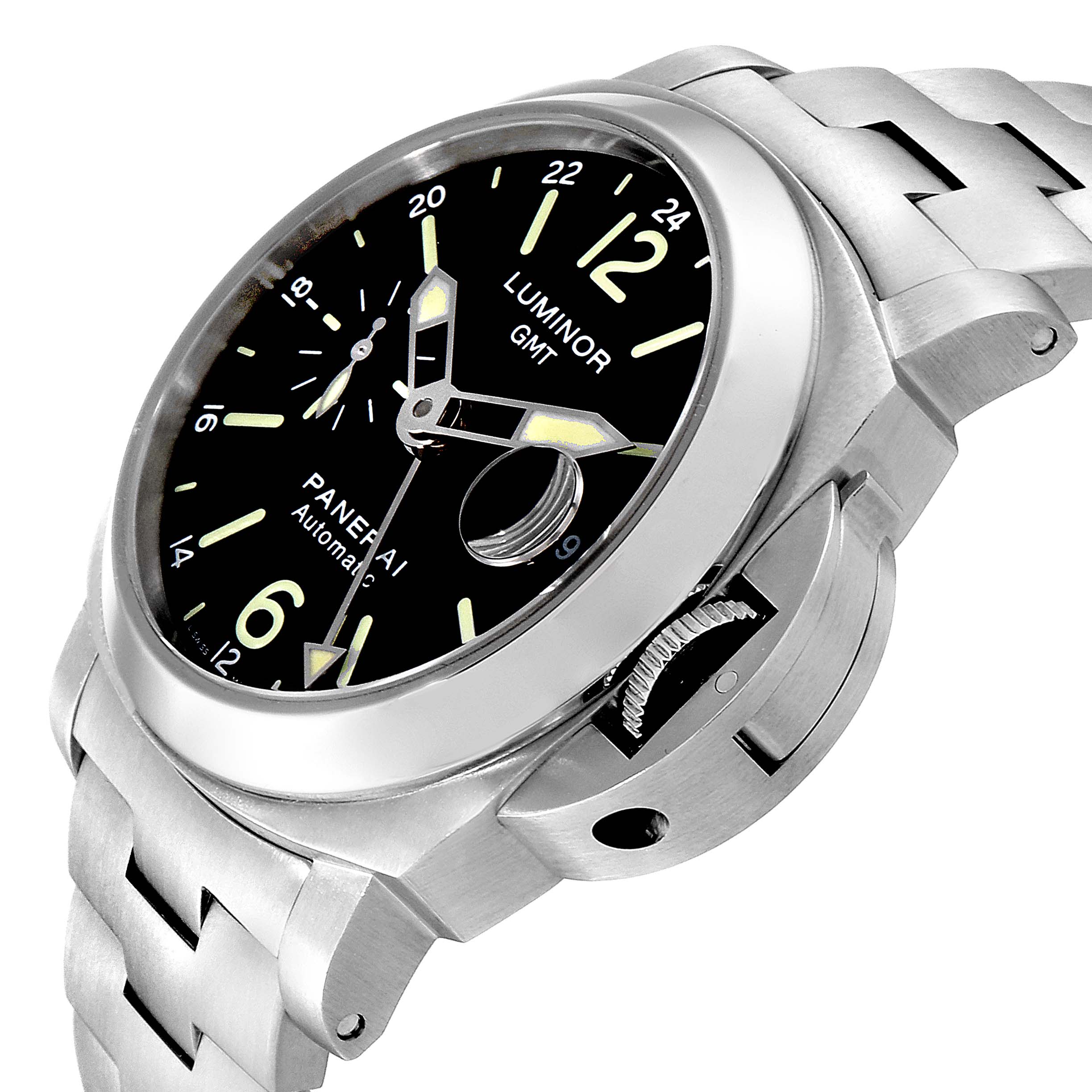 The image shows a Panerai Luminor PAM00297 Men
s Stainless Steel Black Dial PAM00297 Men
s Stainless Steel Black Dial GMT watch from a close-up angle, highlighting the dial, crown, and part of the bracelet.