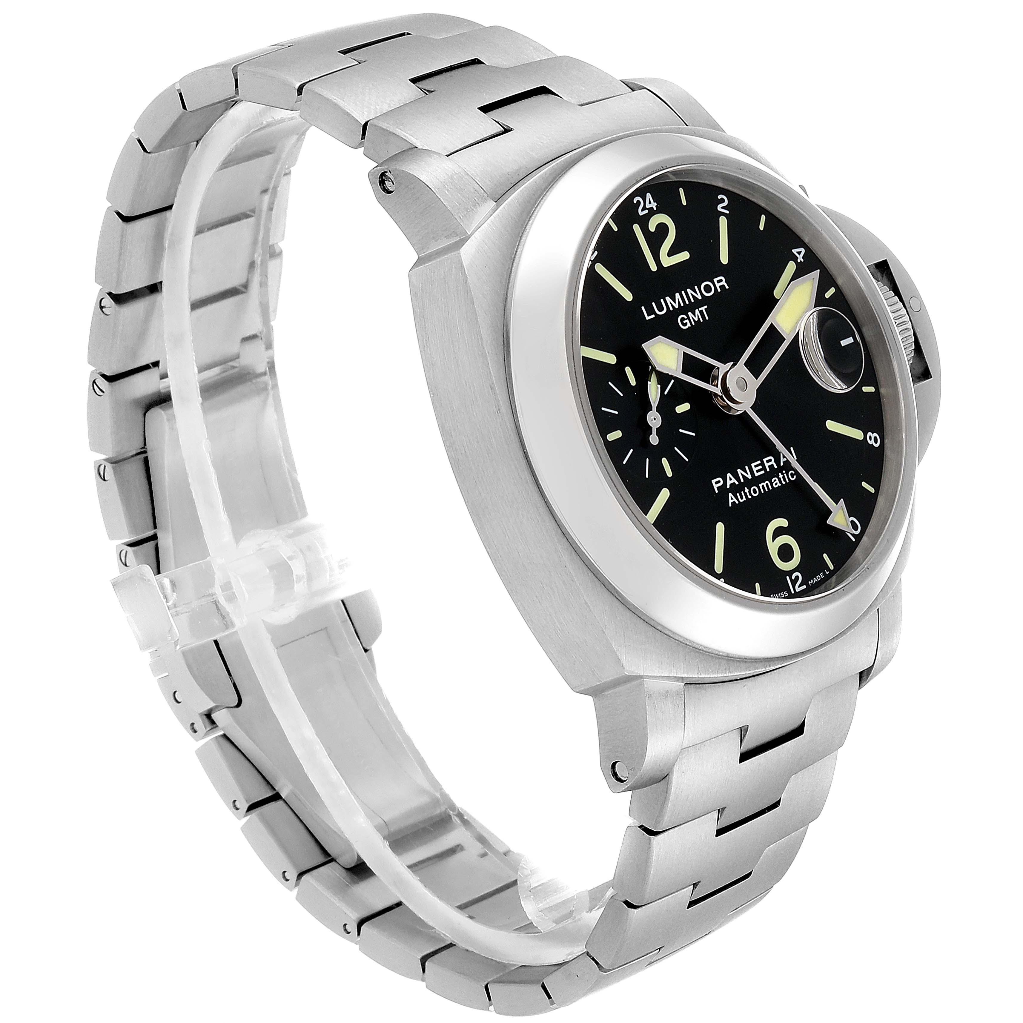 The Panerai Luminor PAM00297 Men
s Stainless Steel Black Dial PAM00297 Men
s Stainless Steel Black Dial watch is shown at a three-quarter angle, highlighting its stainless steel bracelet, dial, and crown guard.