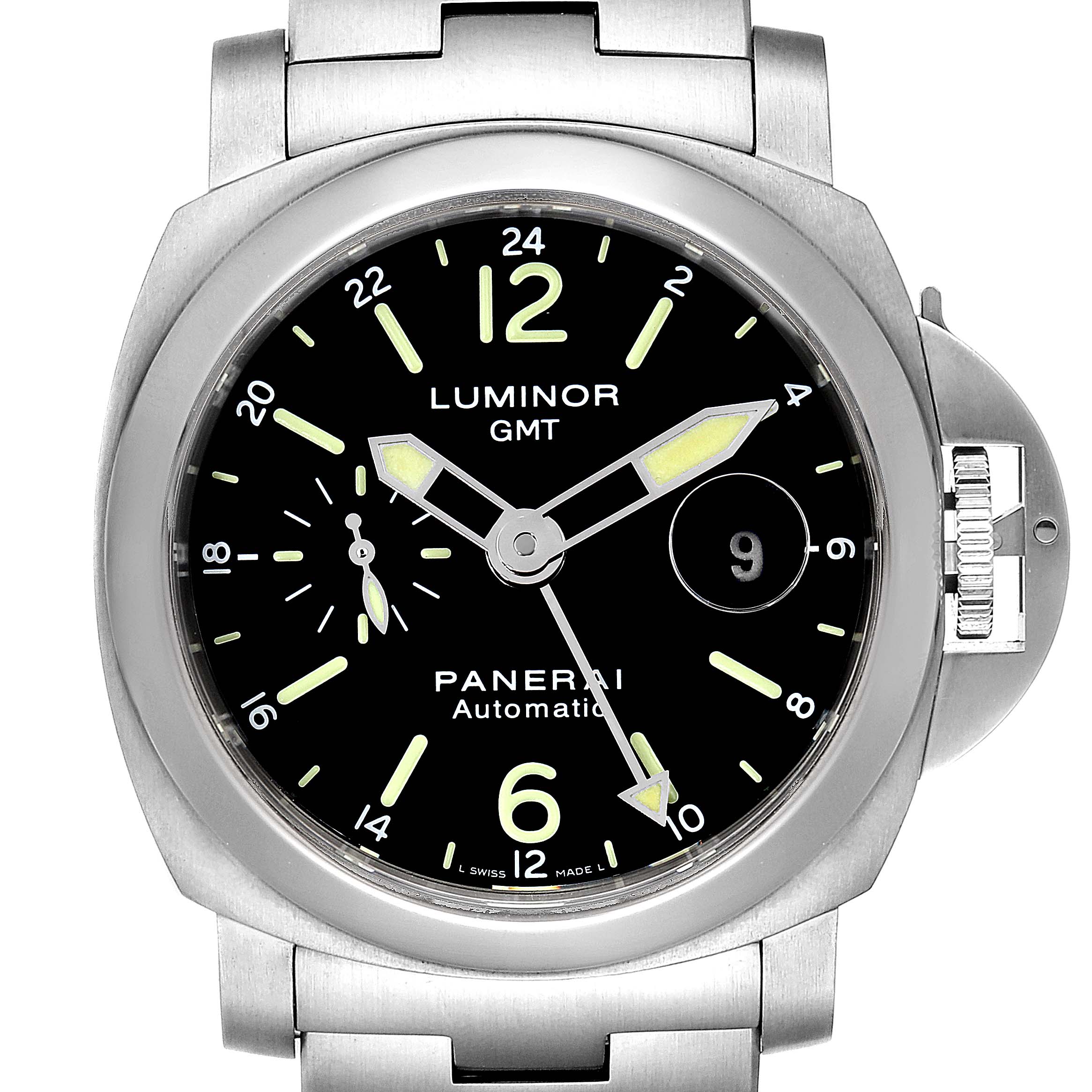 This image shows a front view of a Panerai Luminor PAM00297 Men
s Stainless Steel Black Dial PAM00297 Men
s Stainless Steel Black Dial GMT watch, displaying the dial, hands, and stainless steel bracelet.