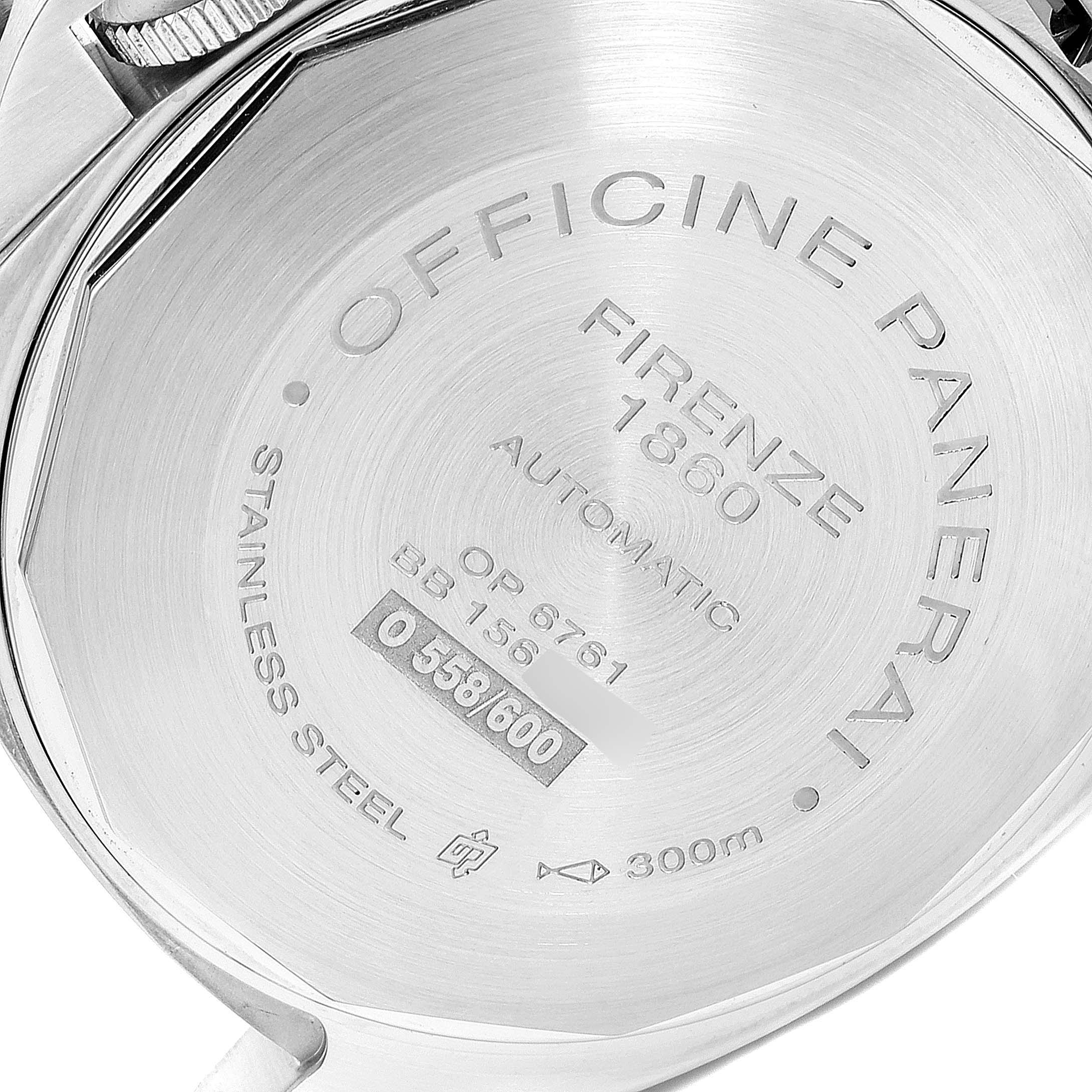 The image shows the back case of a Panerai Luminor PAM00297 Men
s Stainless Steel Black Dial PAM00297 Men
s Stainless Steel Black Dial watch, highlighting its engravings and stainless steel material.