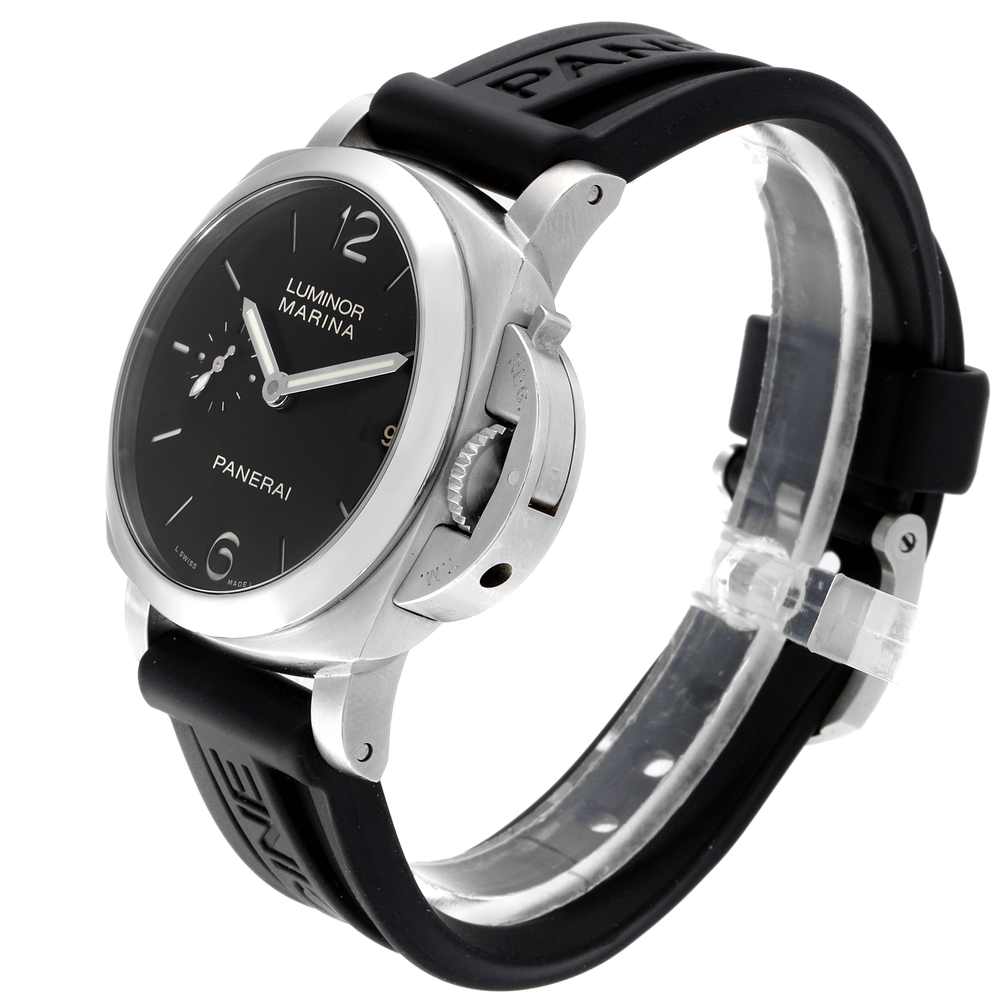 The image shows a side view of a Panerai Luminor PAM00392 Men's Stainless Steel Black Dial PAM00392 Men's Stainless Steel Black Dial model watch, highlighting the case, dial, rubber strap, and crown guard.