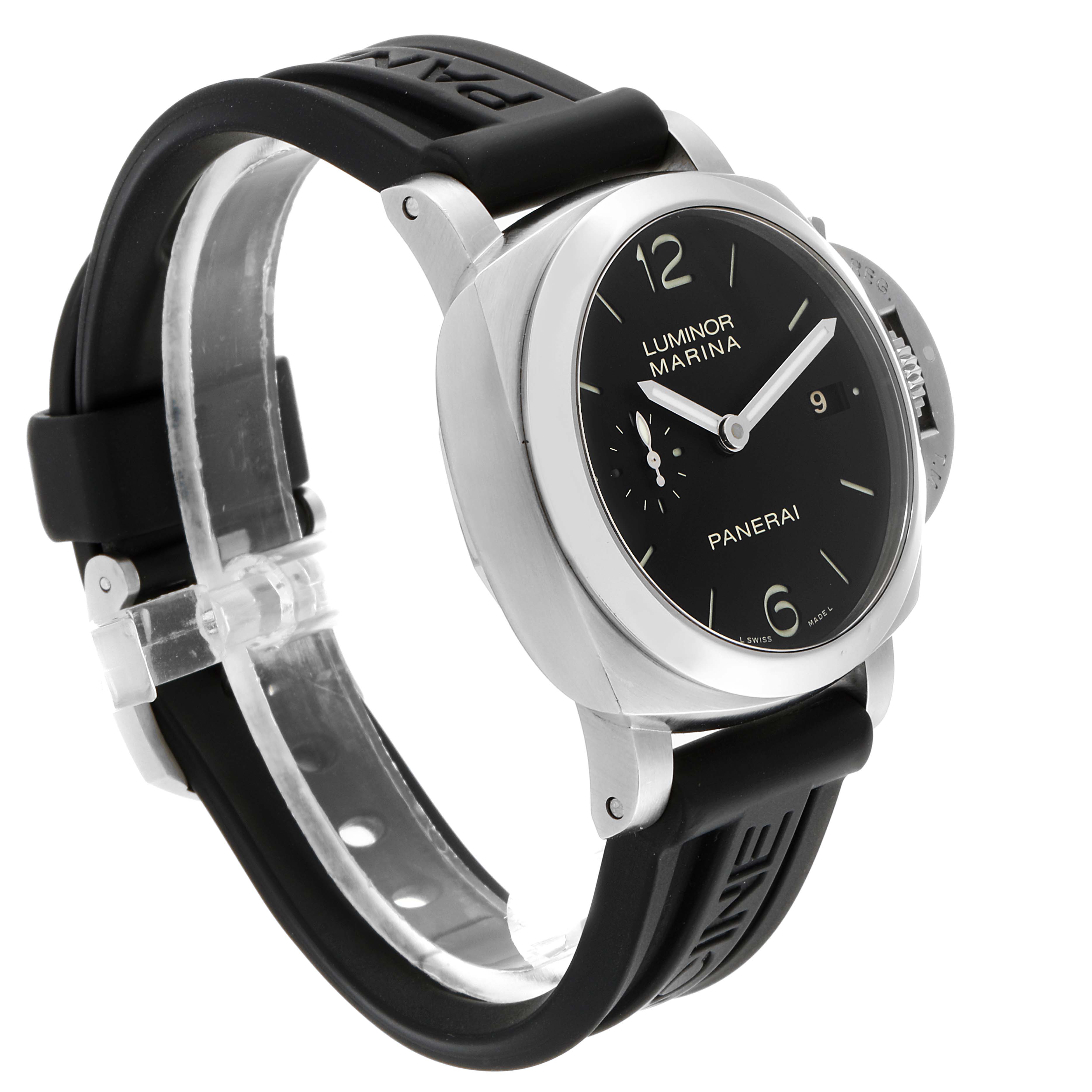 This image shows a side angle of a Panerai Luminor PAM00392 Men's Stainless Steel Black Dial PAM00392 Men's Stainless Steel Black Dial watch, highlighting its case, black dial, crown guard, and black rubber strap.