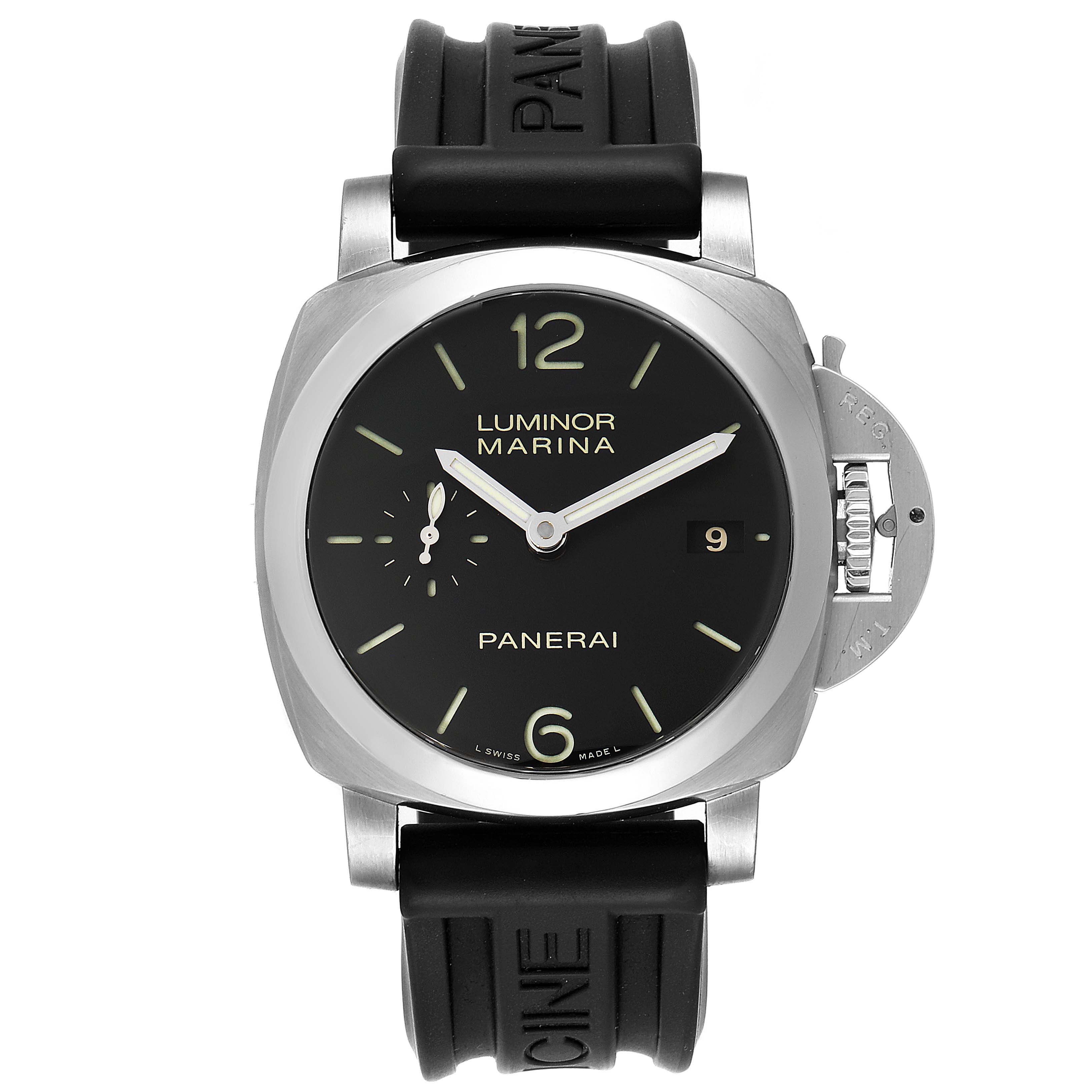 The image shows a front view of the Panerai Luminor PAM00392 Men's Stainless Steel Black Dial PAM00392 Men's Stainless Steel Black Dial Marina watch, displaying its black dial, rubber strap, and distinctive crown guard.