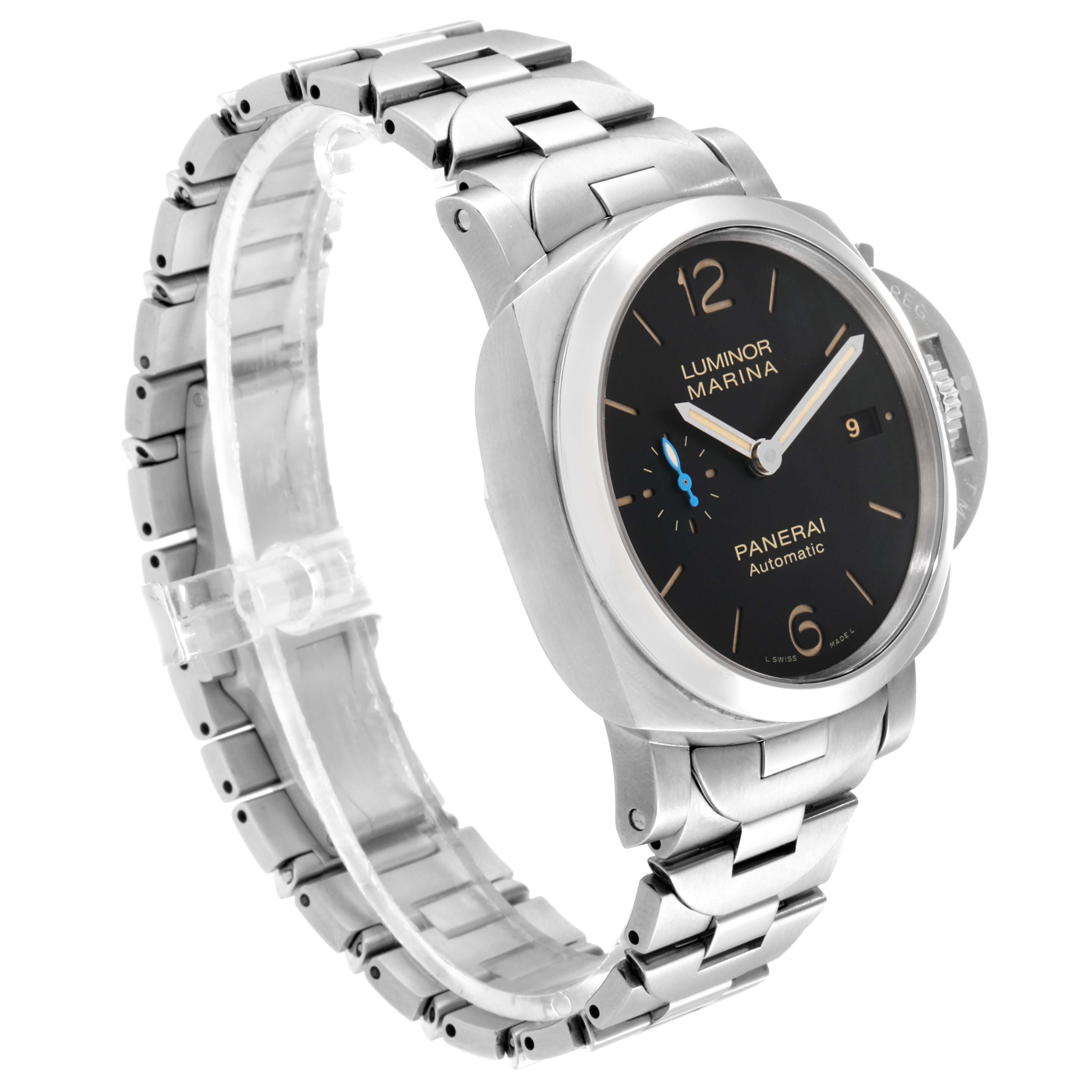 The image shows a side-angle view of a Panerai Luminor PAM00722 Men's Stainless Steel Black Dial PAM00722 Men's Stainless Steel Black Dial Marina watch, displaying its dial, case, and bracelet.