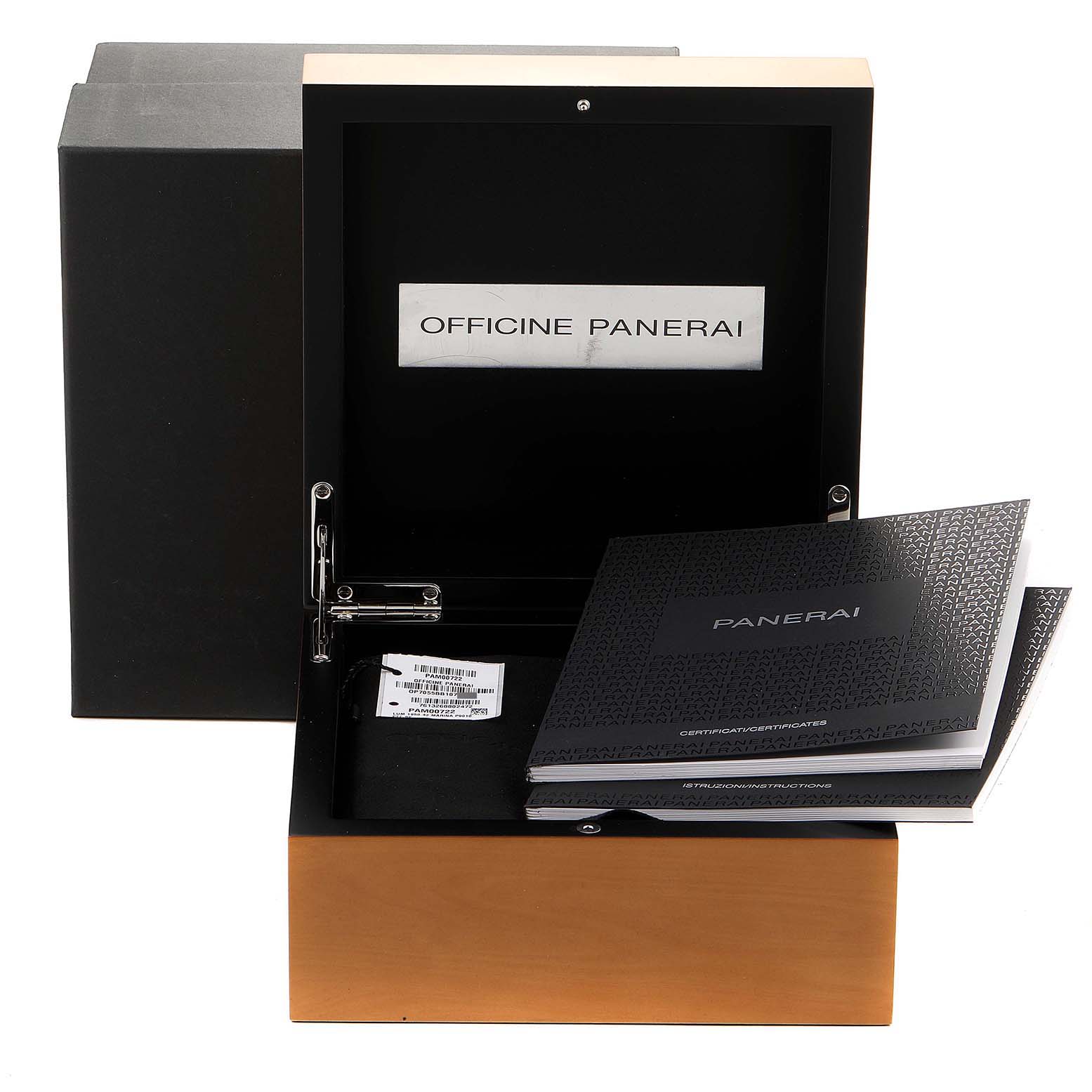 The image displays the packaging and documentation for a Panerai Luminor PAM00722 Men's Stainless Steel Black Dial PAM00722 Men's Stainless Steel Black Dial watch, showing the open box and accompanying manuals.