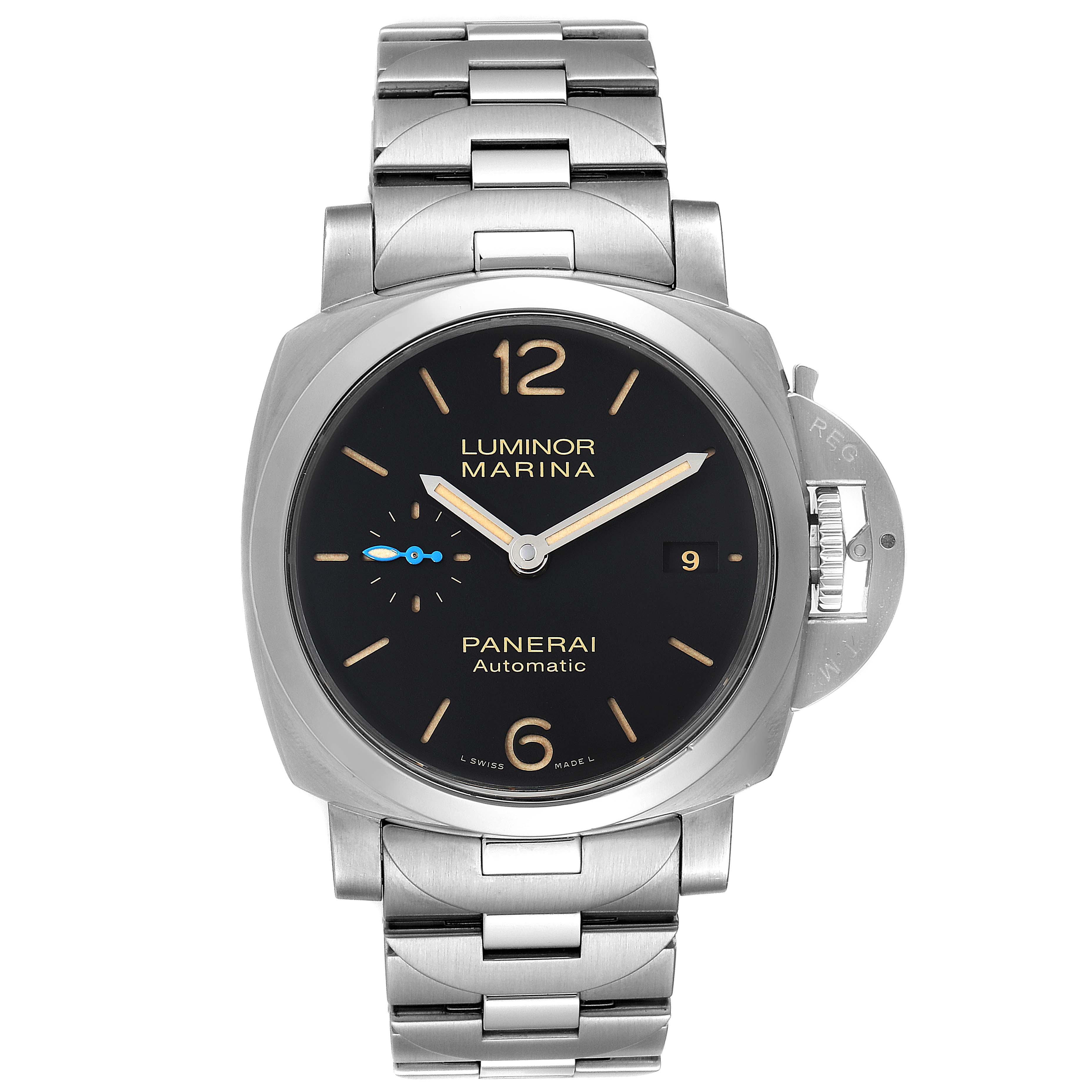 The image shows a front view of the Panerai Luminor PAM00722 Men's Stainless Steel Black Dial PAM00722 Men's Stainless Steel Black Dial Marina watch, displaying the dial and stainless steel bracelet.