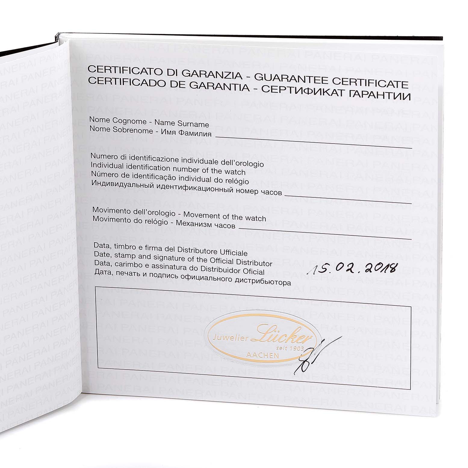 The image shows a guarantee certificate booklet for a Panerai Luminor PAM00722 Men's Stainless Steel Black Dial PAM00722 Men's Stainless Steel Black Dial watch with multilingual text and a signature.