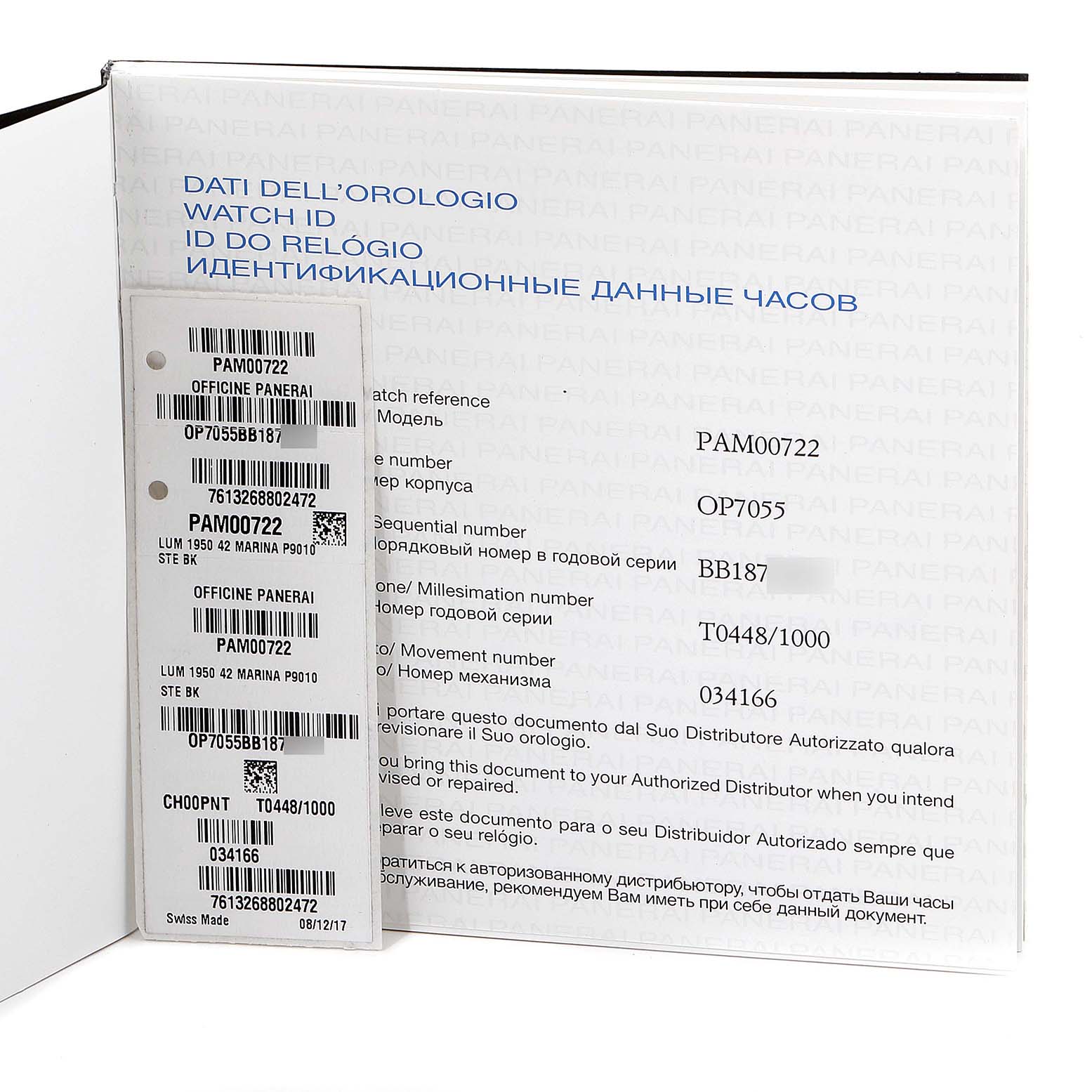 The image shows the documentation for a Panerai Luminor PAM00722 Men's Stainless Steel Black Dial PAM00722 Men's Stainless Steel Black Dial model PAM00722, including the watch ID, reference, and serial number stickers.