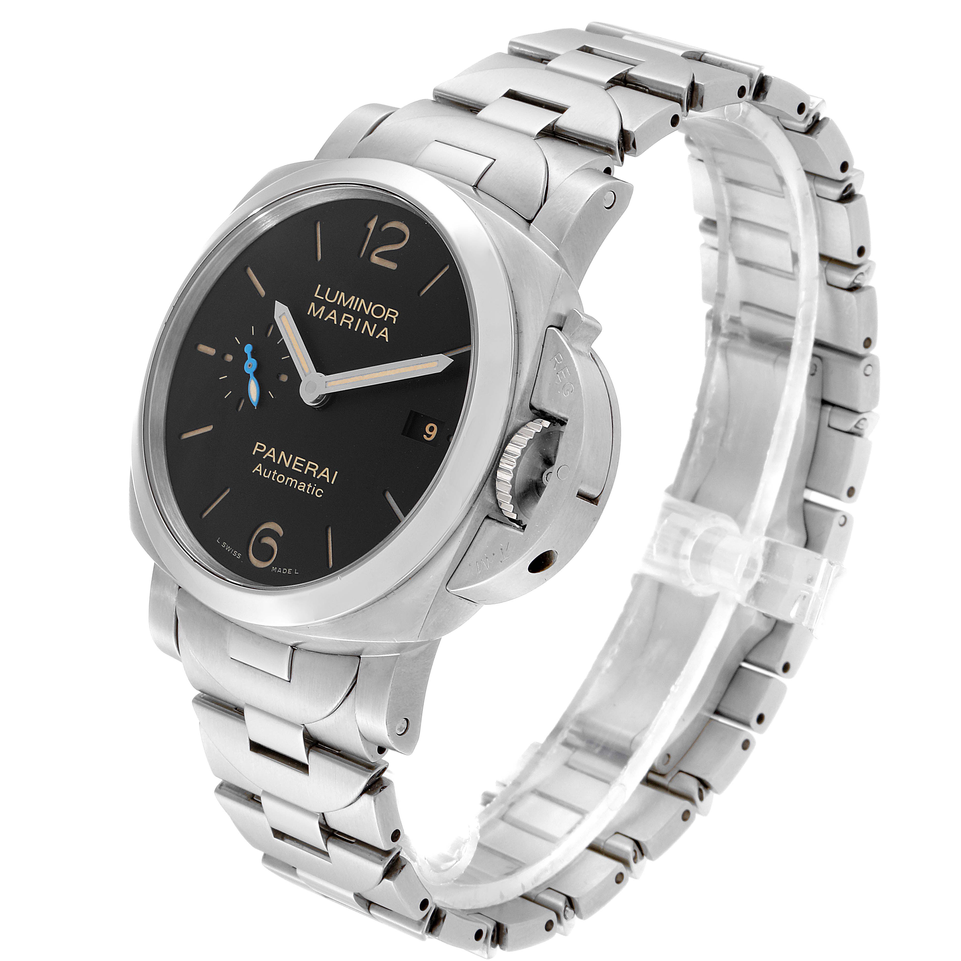 The image shows a three-quarter view of a Panerai Luminor PAM00722 Men's Stainless Steel Black Dial PAM00722 Men's Stainless Steel Black Dial Marina watch with its dial, crown, and stainless steel bracelet visible.