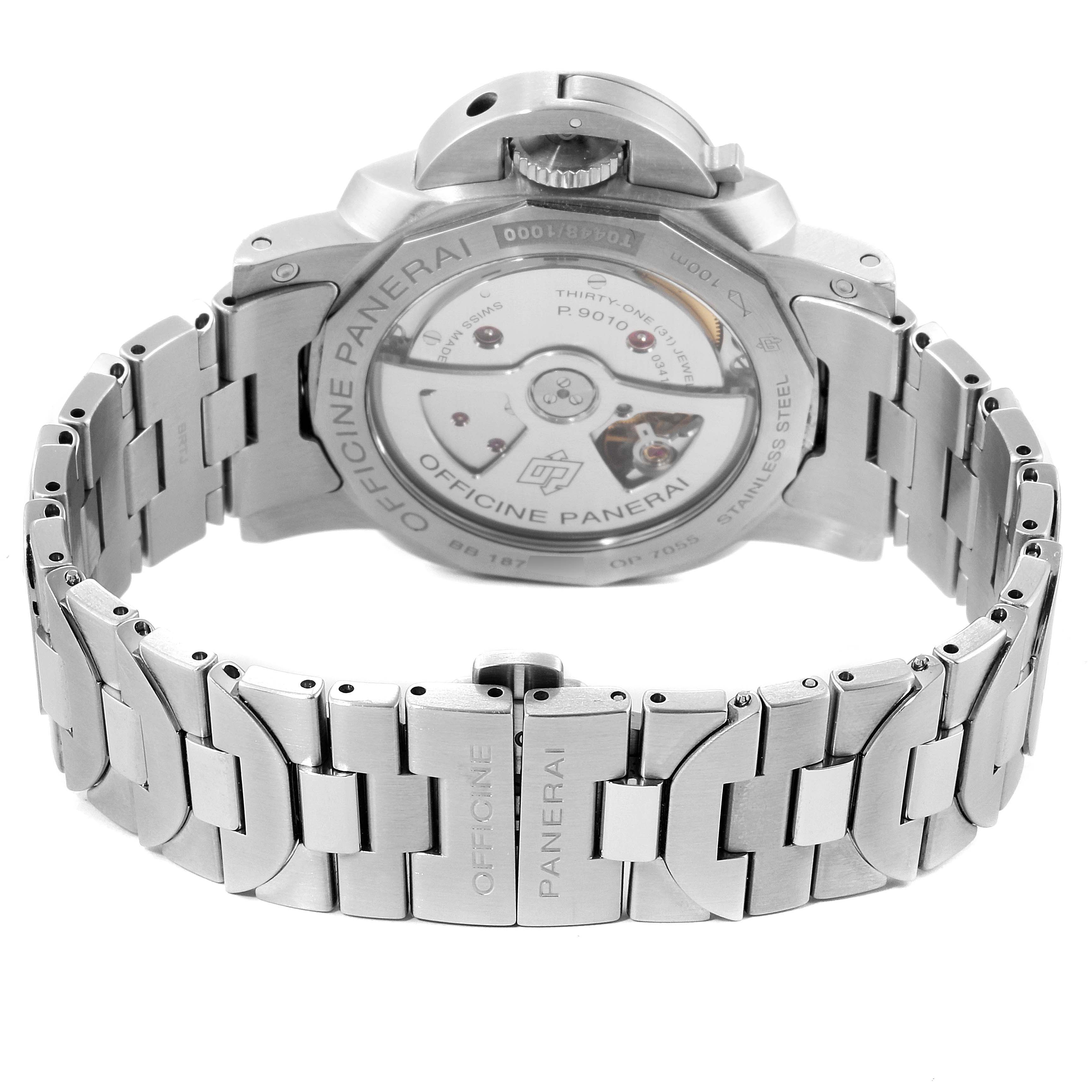 This image shows the back view of a Panerai Luminor PAM00722 Men's Stainless Steel Black Dial PAM00722 Men's Stainless Steel Black Dial watch, highlighting its stainless steel bracelet and transparent case back.