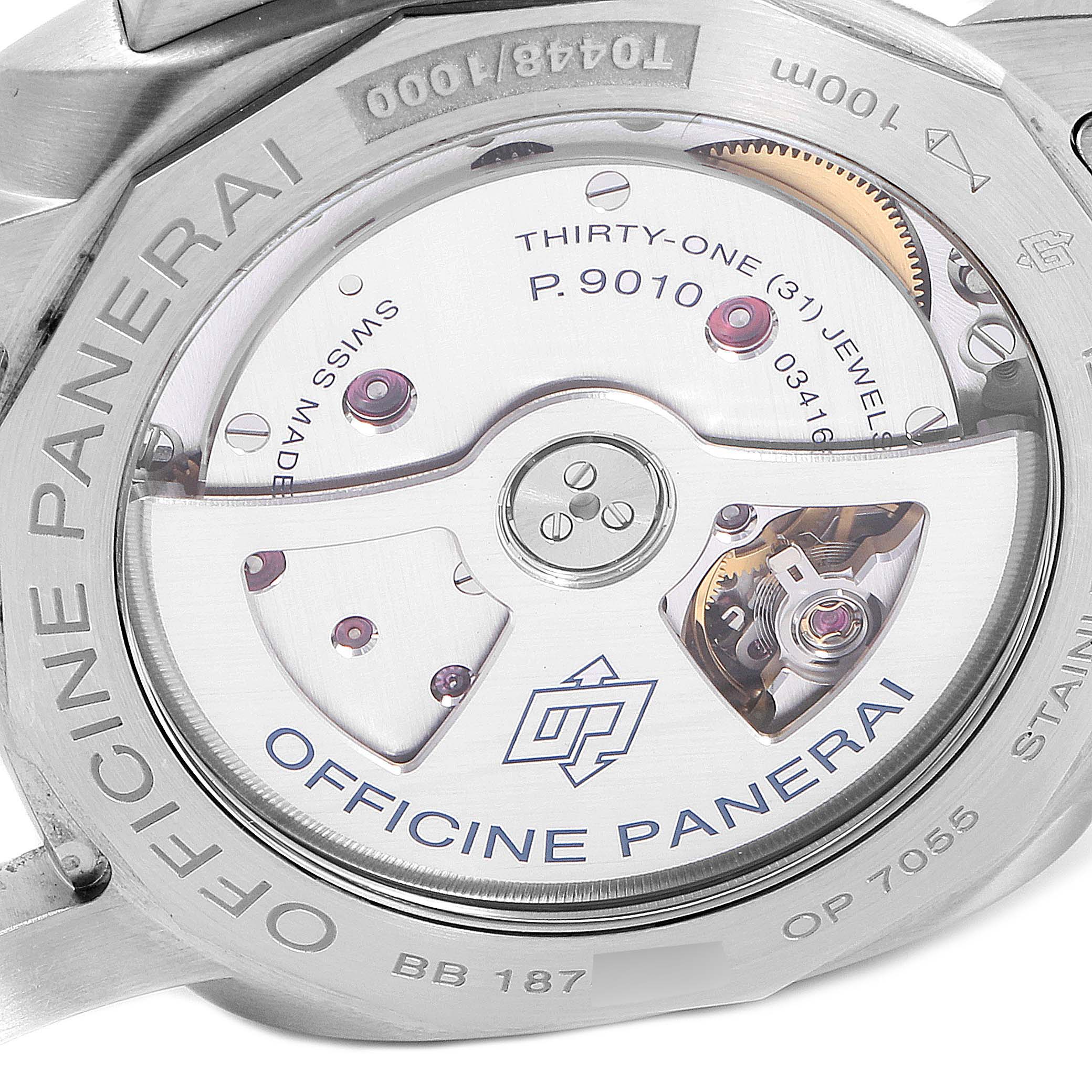 The image shows the back of the Panerai Luminor PAM00722 Men's Stainless Steel Black Dial PAM00722 Men's Stainless Steel Black Dial watch, highlighting its transparent case back and visible movement components.