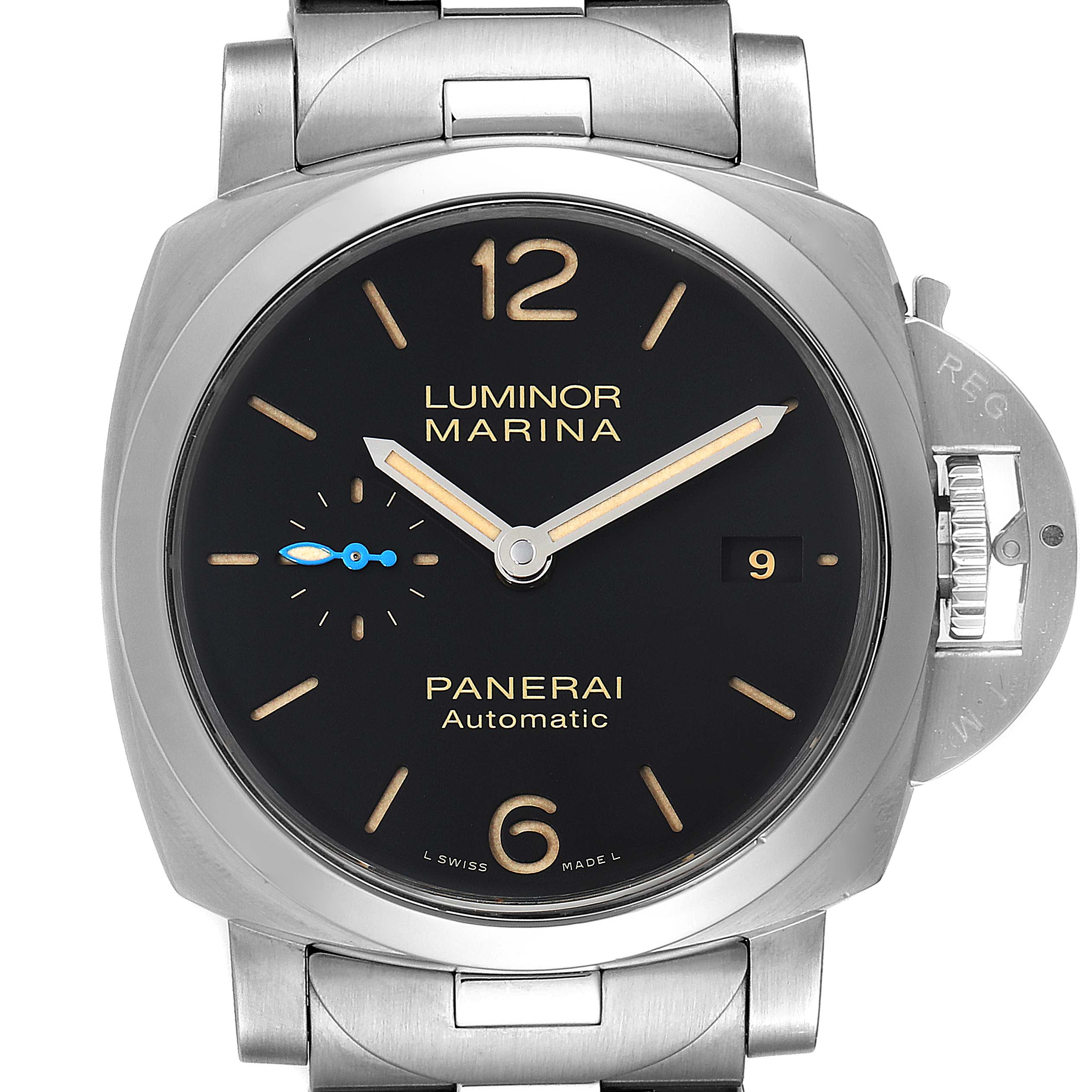 The image shows a front view of a Panerai Luminor PAM00722 Men's Stainless Steel Black Dial PAM00722 Men's Stainless Steel Black Dial Marina watch, highlighting the dial, case, and portion of the bracelet.