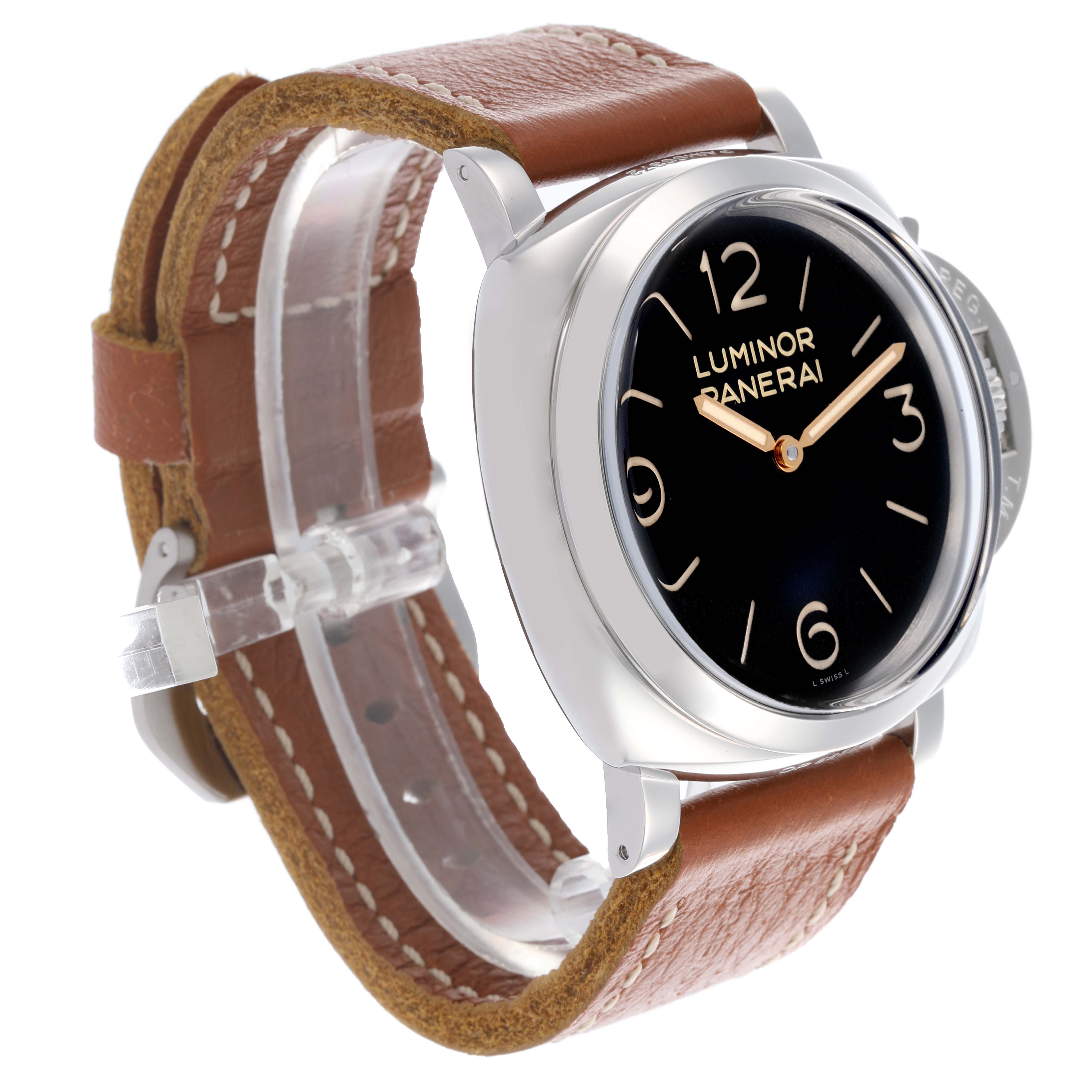 The Panerai Luminor PAM00372 Men
s Stainless Steel Black Dial PAM00372 Men
s Stainless Steel Black Dial watch is shown at a slight angle, displaying the face, case, and brown leather strap.