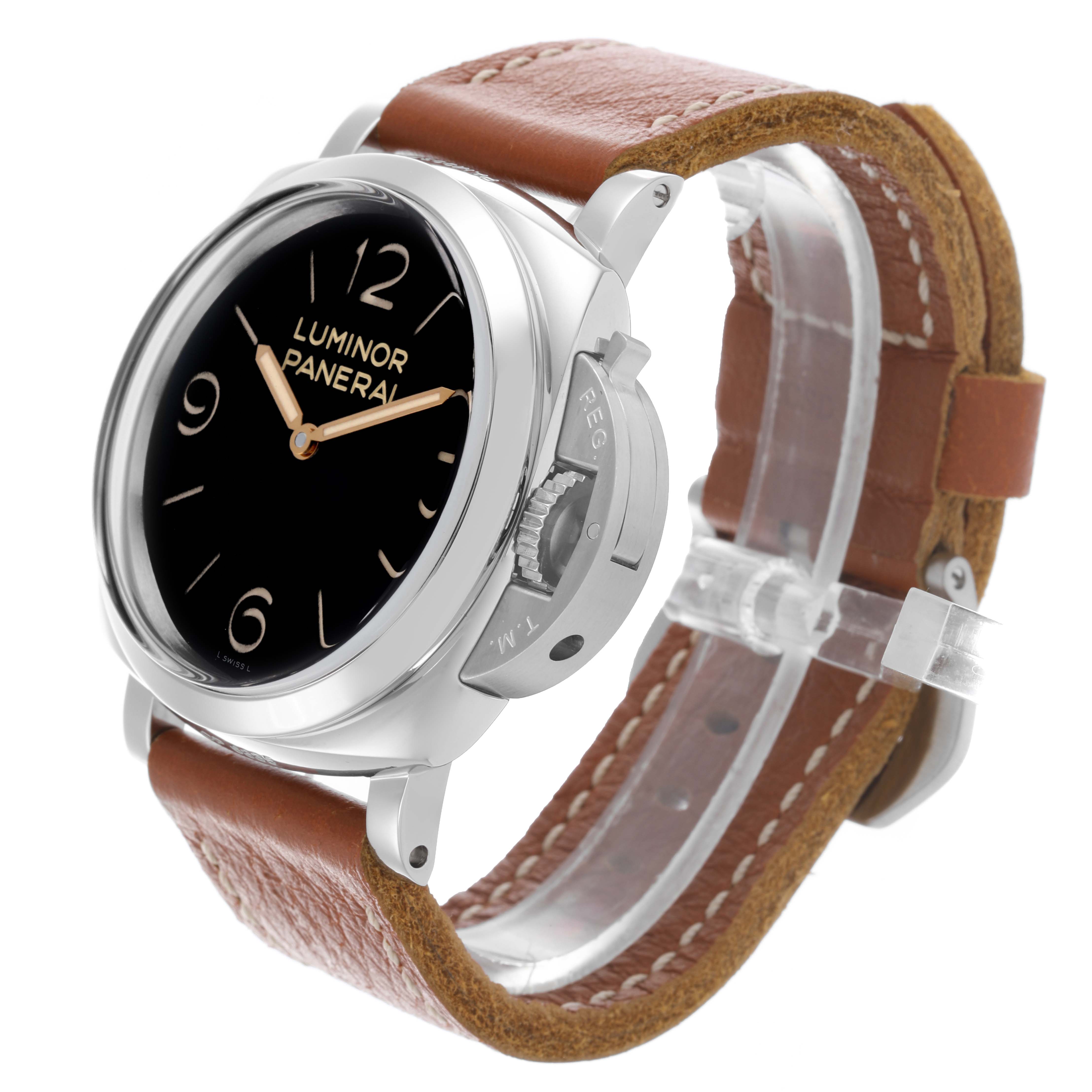 The Panerai Luminor PAM00372 Men
s Stainless Steel Black Dial PAM00372 Men
s Stainless Steel Black Dial watch is shown at a three-quarter angle, featuring the dial, crown guard, and brown leather strap.
