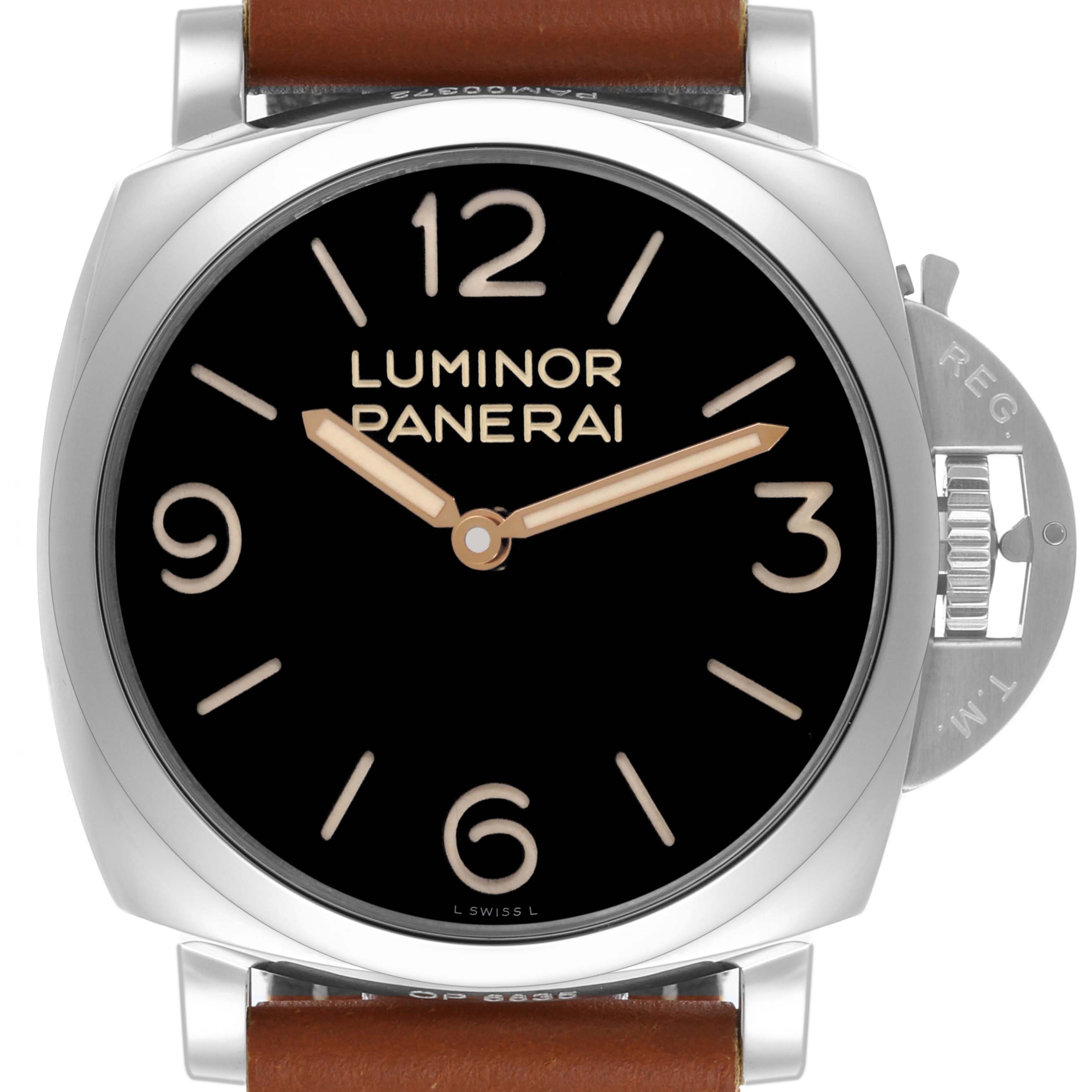 The image shows a front view of the Panerai Luminor PAM00372 Men
s Stainless Steel Black Dial PAM00372 Men
s Stainless Steel Black Dial watch, featuring its dial, case, and a portion of the strap.