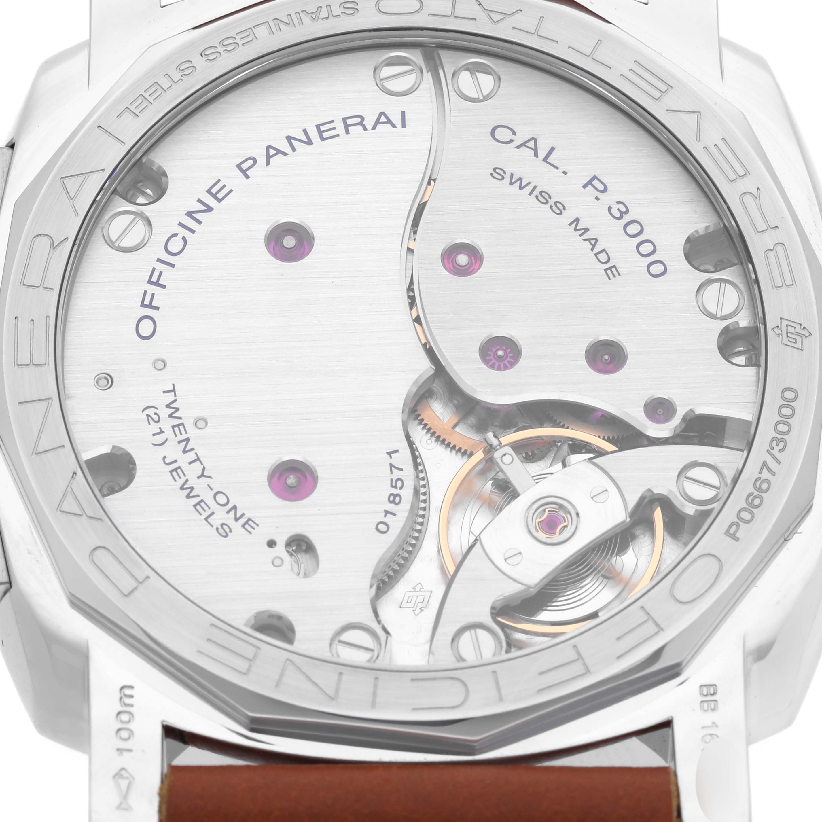 The image shows the back of a Panerai Luminor PAM00372 Men
s Stainless Steel Black Dial PAM00372 Men
s Stainless Steel Black Dial watch, revealing the Cal. P.3000 movement and engravings.