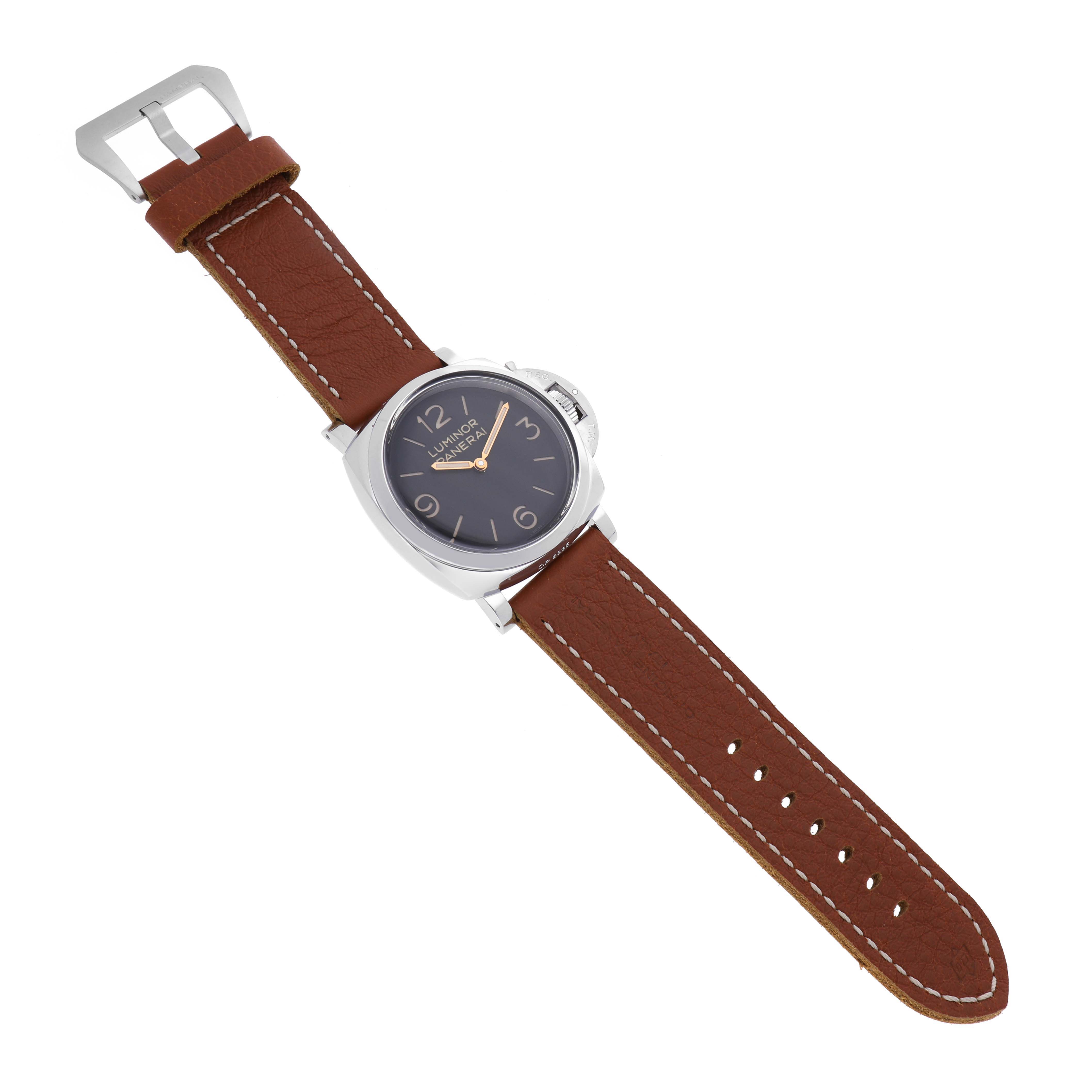 The Panerai Luminor PAM00372 Men
s Stainless Steel Black Dial PAM00372 Men
s Stainless Steel Black Dial watch is shown from a top angle, displaying the face, case, and brown leather strap.